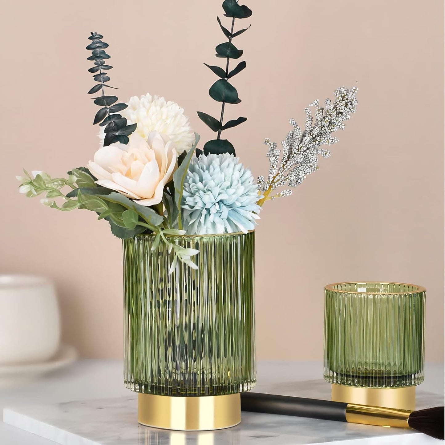 DASITON Makeup Brush holder Organizer,Crystal Cosmetic Makeup Brush Glass Brushes Storage Holder, Vintage Make Up Brush Cup Pen Pencil Holder striped vase(Green S)