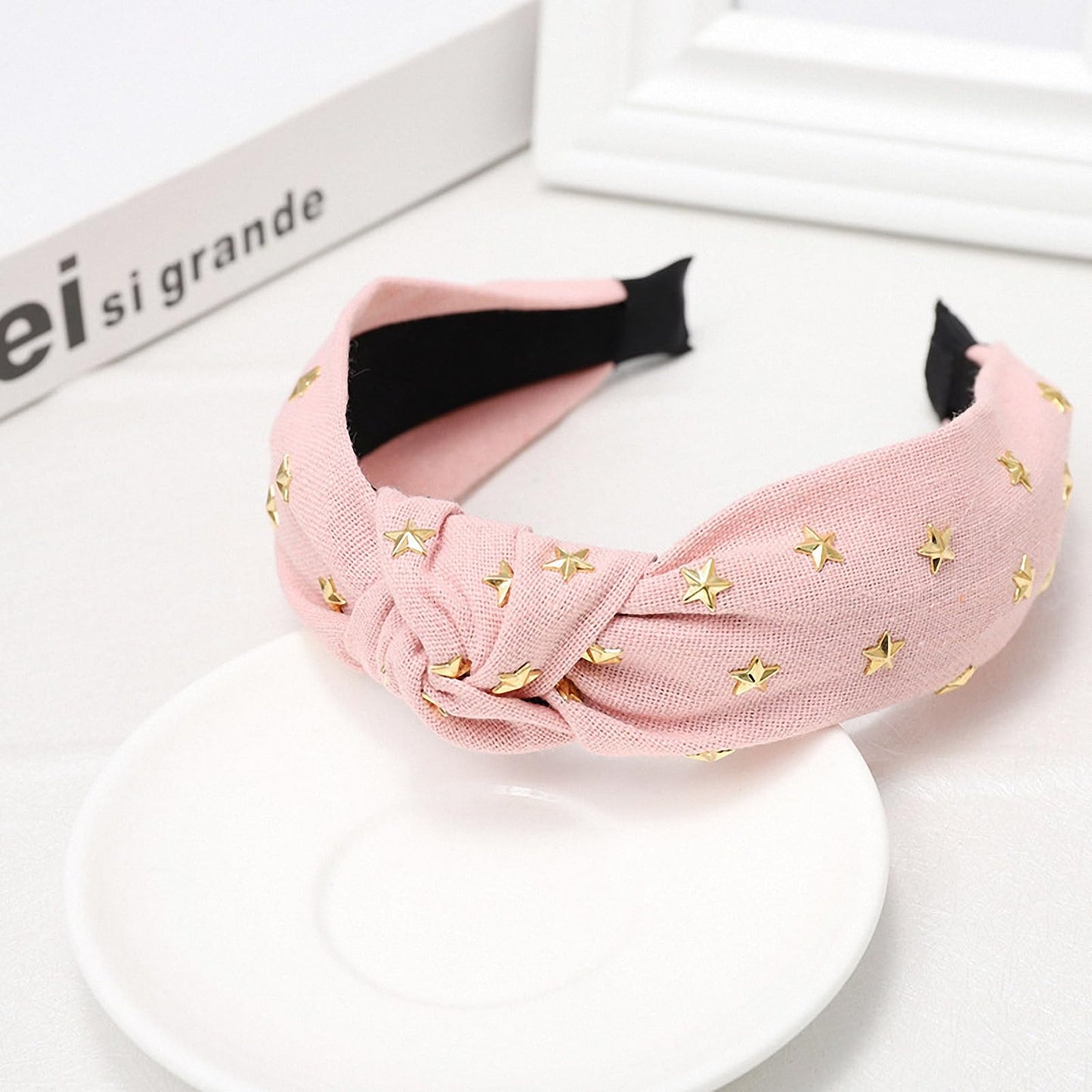 Women Bohemian Ethnic Denim Braided Headband with Hot Stamping Metal Cute Star-Studded Center Twisted Knot Design Hair Band Wide Edge Three-Dimensional Non-Slip Vintage Embellishments Hair Hoop