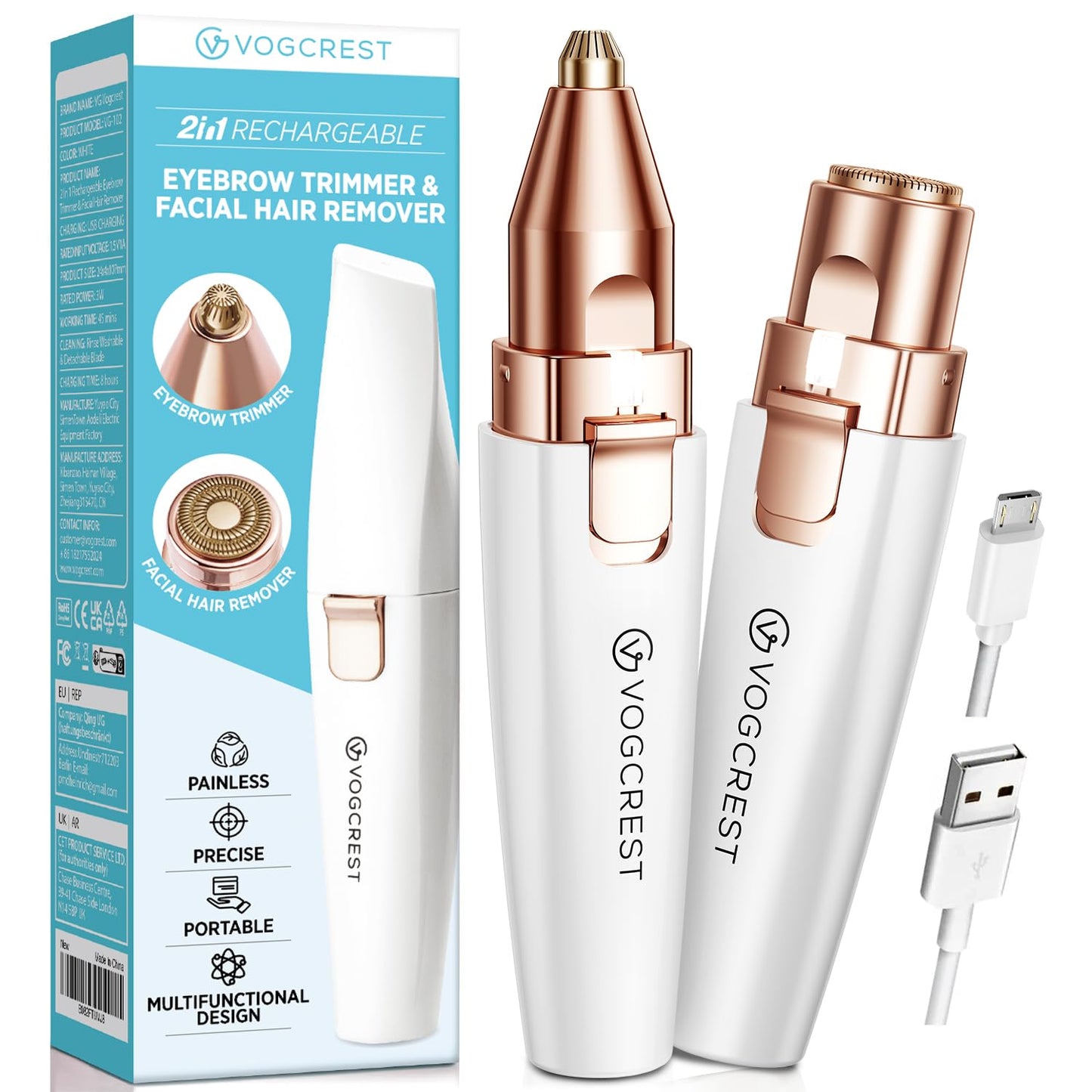 VG VOGCREST Eyebrow Facial Trimmer: 2 in1 Rechargeable Facial Hair Removal and Eyebrow Shaver - Face Lips Body Painless Facial Razor with Built-in LED Light (White)