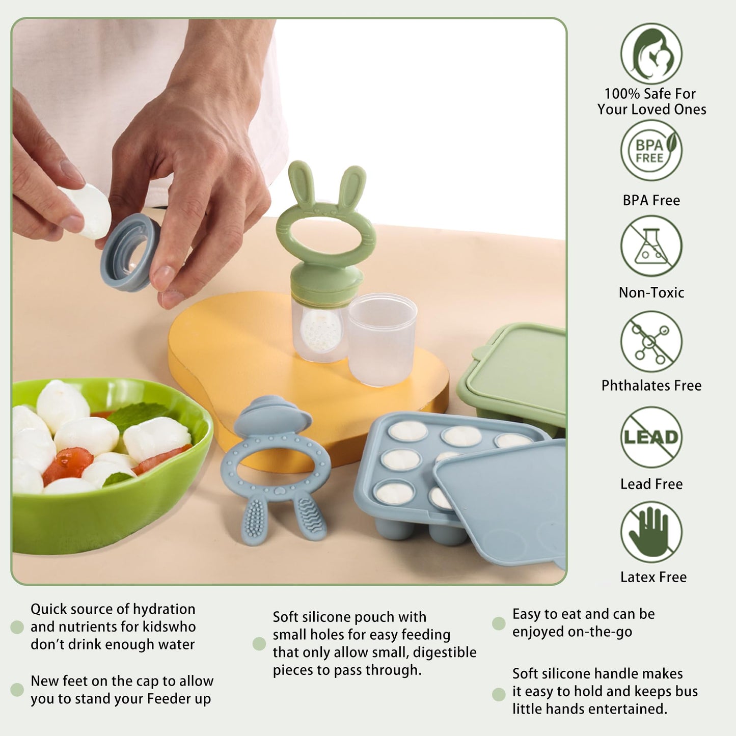 WAJIAYON Easter Bunny Baby Breastmilk Popsicle Molds & Baby Fruit Feeder,Infant Food Freezer Tray Storage Containers, Silicone Teething Pacifier Feeder and Teether for Babies,Moss and Fawn