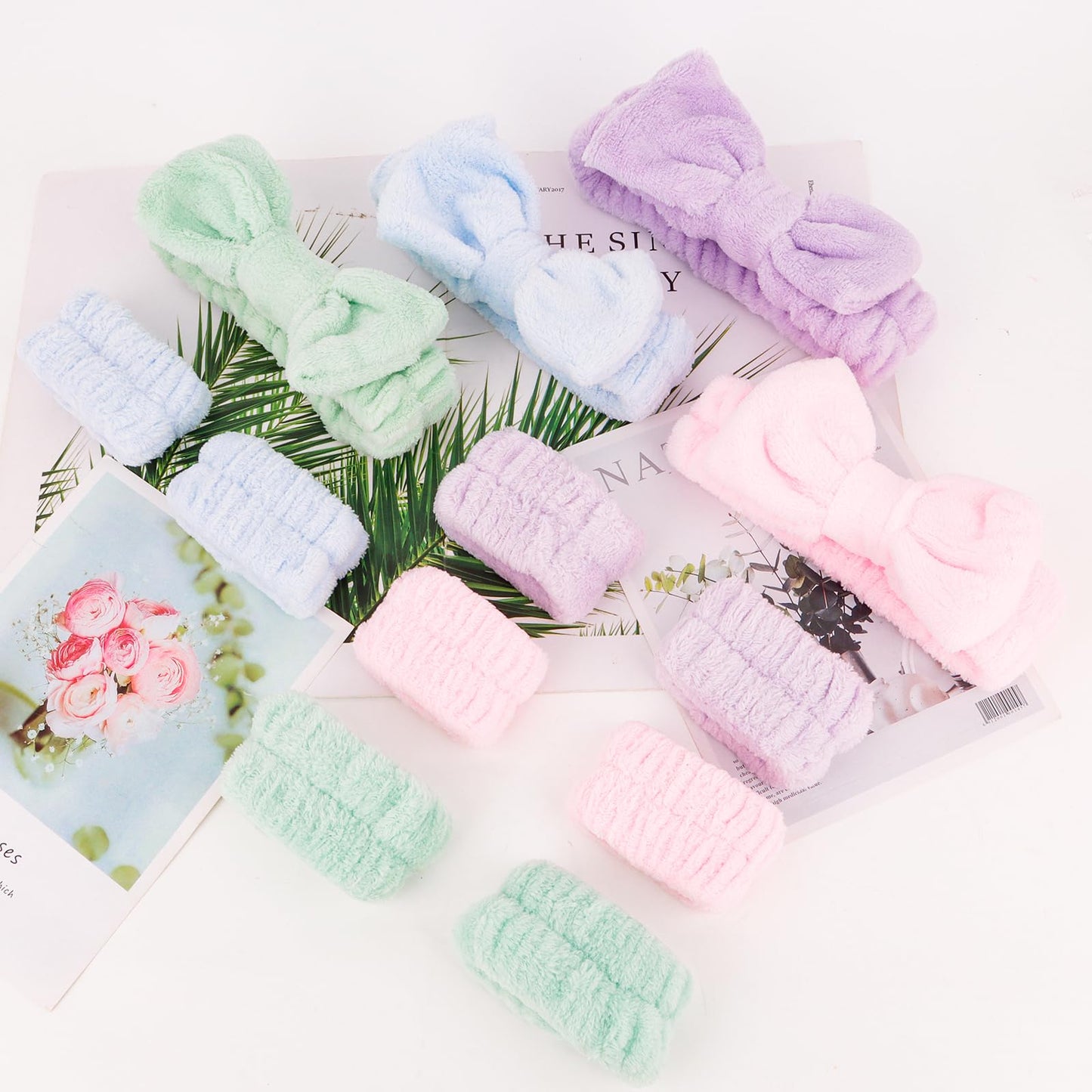 CIEHER 12 PCS Makeup Headband for Women Wrist Washband Scrunchies Cuffs for Washing Face, Soft Bow Hair Band Matching Wristbands, Pink, Purple, Blue, Green