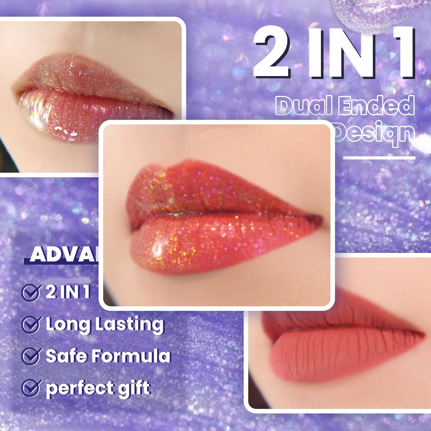 CHARMACY Multichrome Double Head Non-Stick Lip Gloss, Metallic Colourful Lip Glaze, Anti-transfer, Long Lasting Waterproof Liquid Lipstick Makeup (#06)