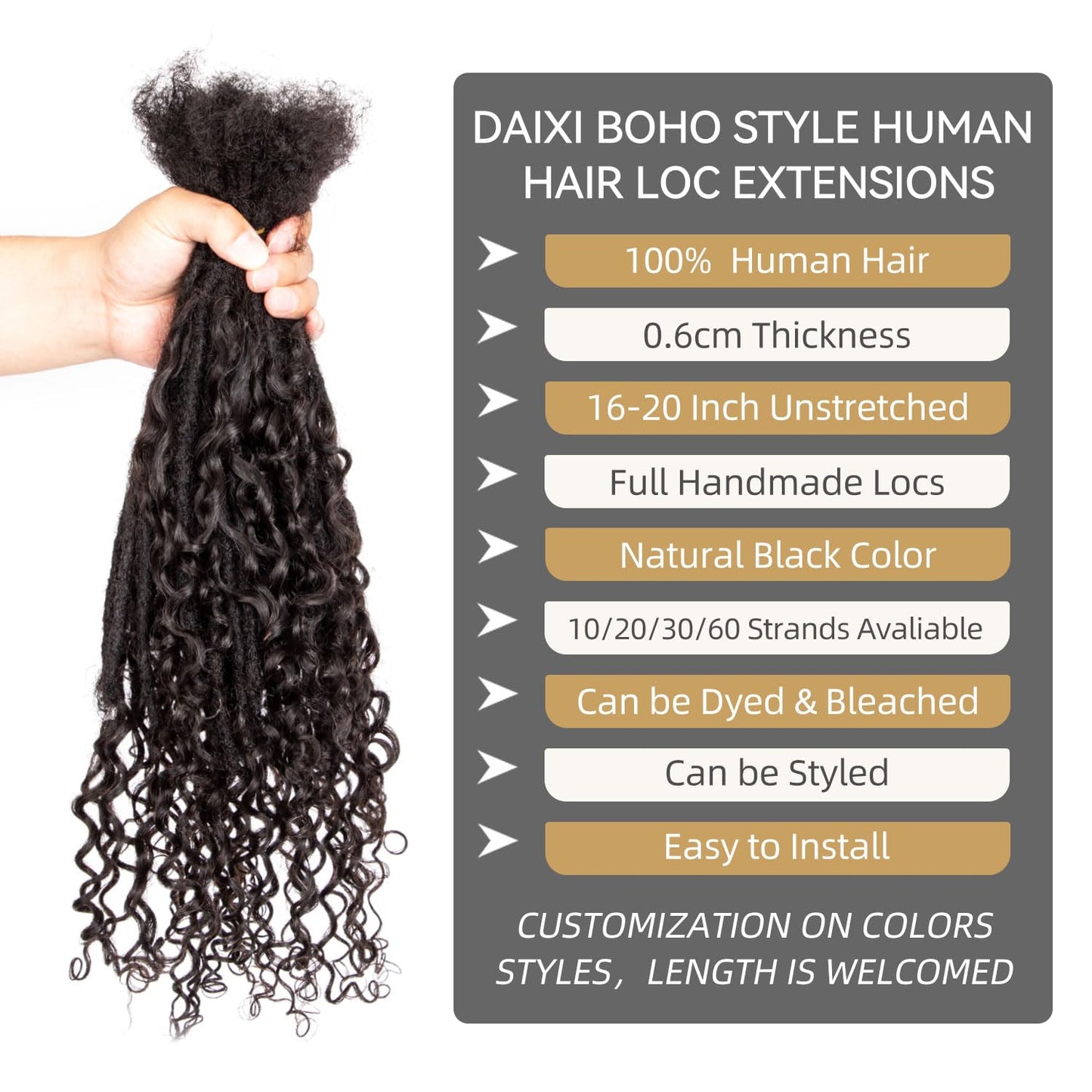 DAIXI Boho Loc Extensions Human Hair with Curly Ends for Women, Can Be Dyed Bleached Handmade Human Hair Dreadlocks with Human Hair Curls Extend Out (1B-0.6cm-Straight, 20 Inch 20 Strands)