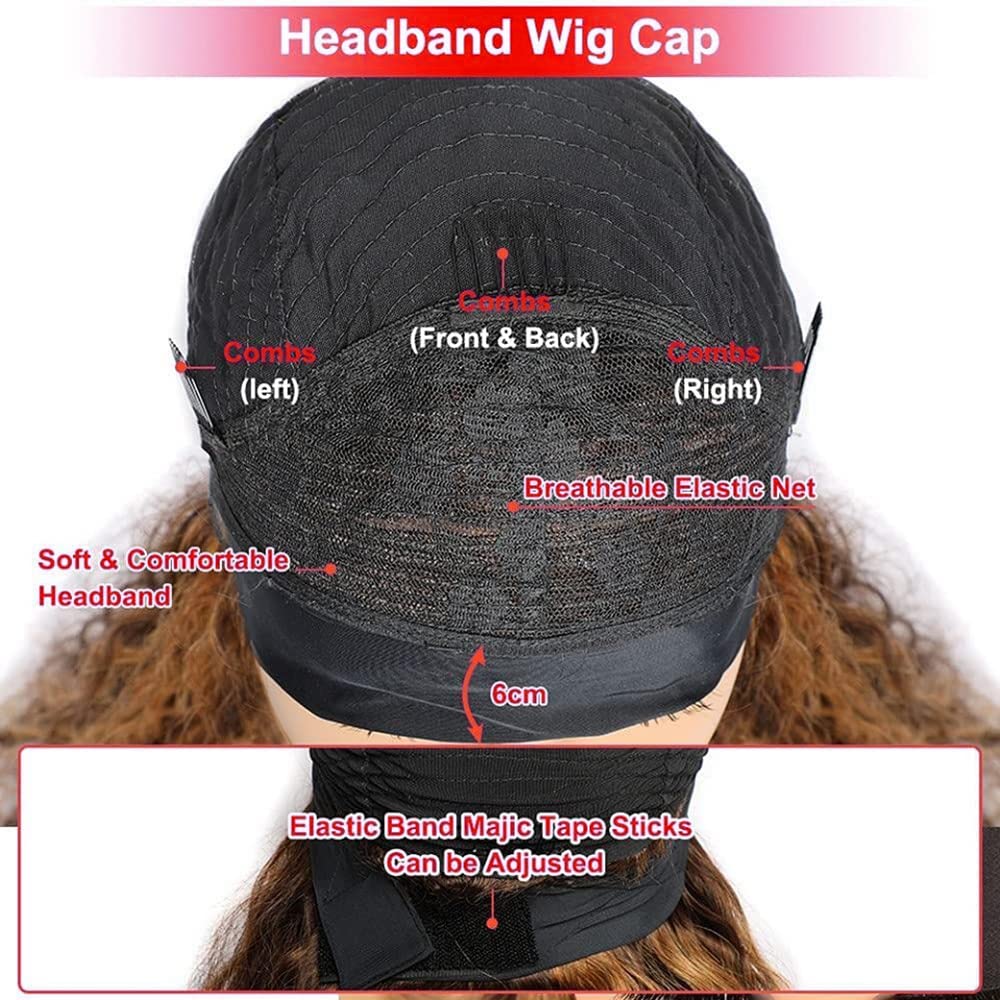 YiweYowe Highlight Dark Brown Headband Wig Human Hair P4/27 Honey Blonde Wig Human Hair Grade 8A None Lace Wig Glueles Brazilian Virgin Hair Water Wave Wig Machine Made Headband Wig 24 Inch