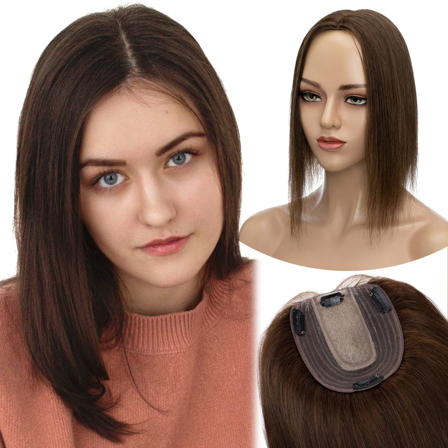 MY-LADY Human Hair Toppers for Women Real Remy Hair 130% Density 10 * 12CM Silk Base No Bangs Clip in Hair Pieces Straight Hairpiece for Thinning Hair 6 Inch #04 Medium Brown