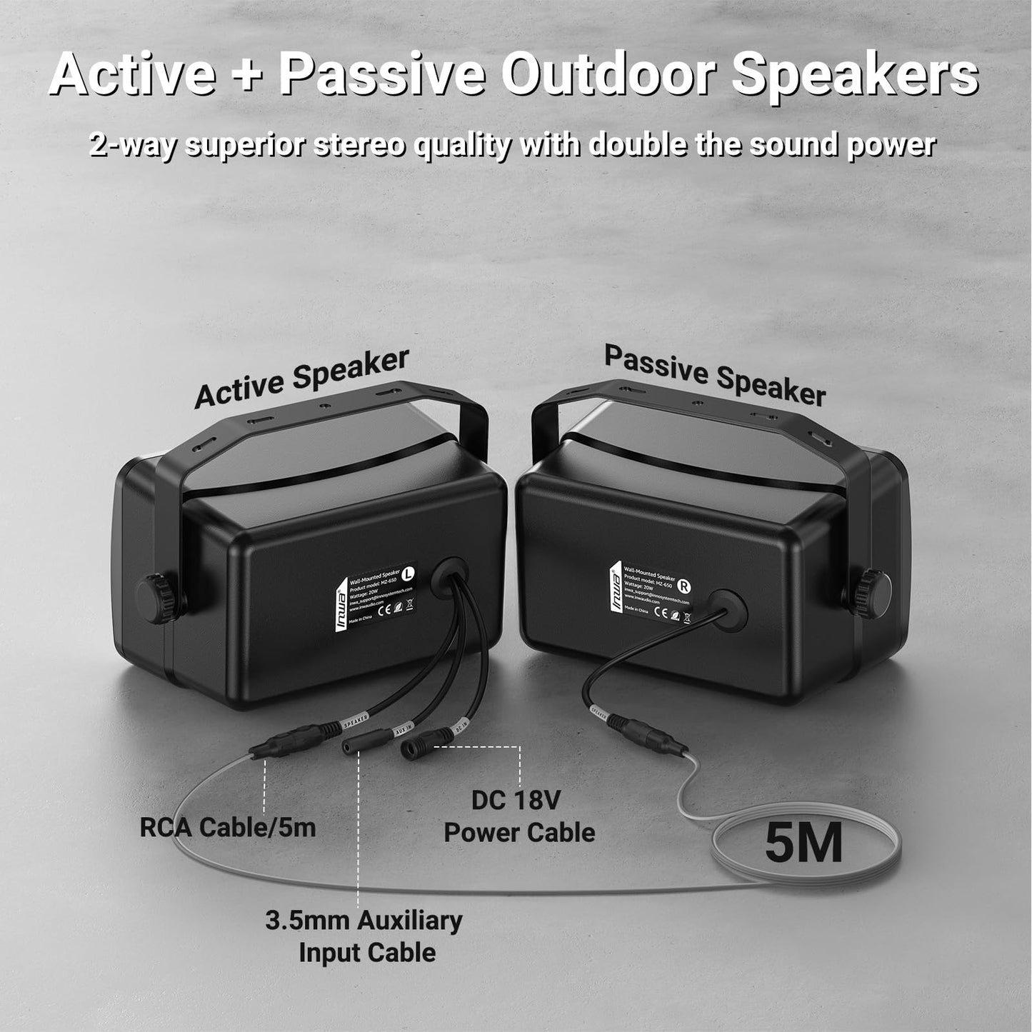Inwa Outdoor Bluetooth Speakers, Active Passive Wall Mount Speaker, Waterproof Wireless Indoor/Outdoor Stereo Sound System w/Aux in, Suitable for Patio/Porch/Gazebo/Garage(MZ-650, Pair)