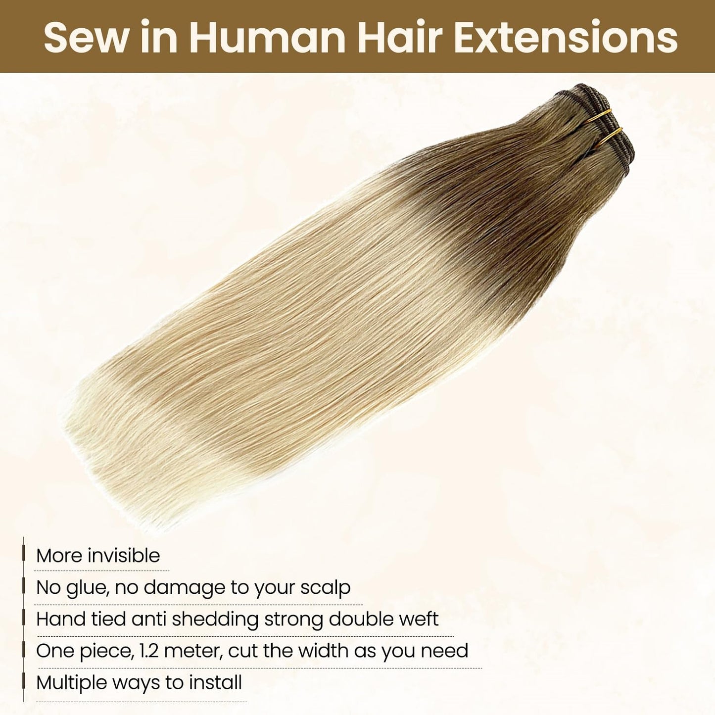 Benafee Ombre Sew in Weft Hair Extensions Human Hair, 24 Inch 120G Bundles Ash Brown to White Blonde Real Hand Tied Wefts Full Head