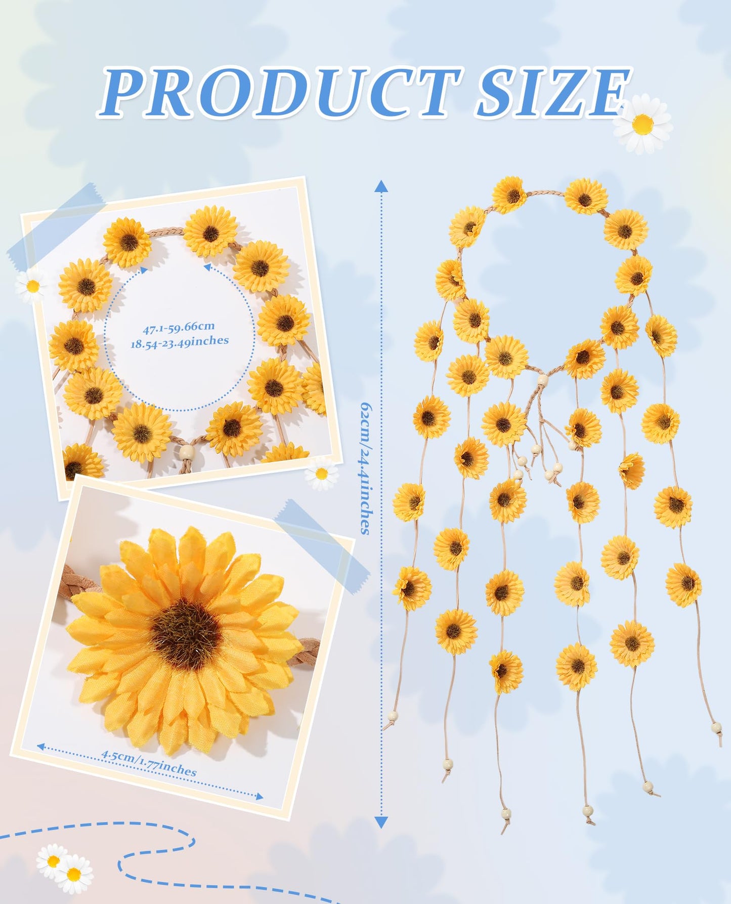 CHLINS Hippie Headband Flower Crown Bohemian Sunflower Headband Flower Headpiece Hippie Costume 60s 70s Outfits for Women (Yellow)
