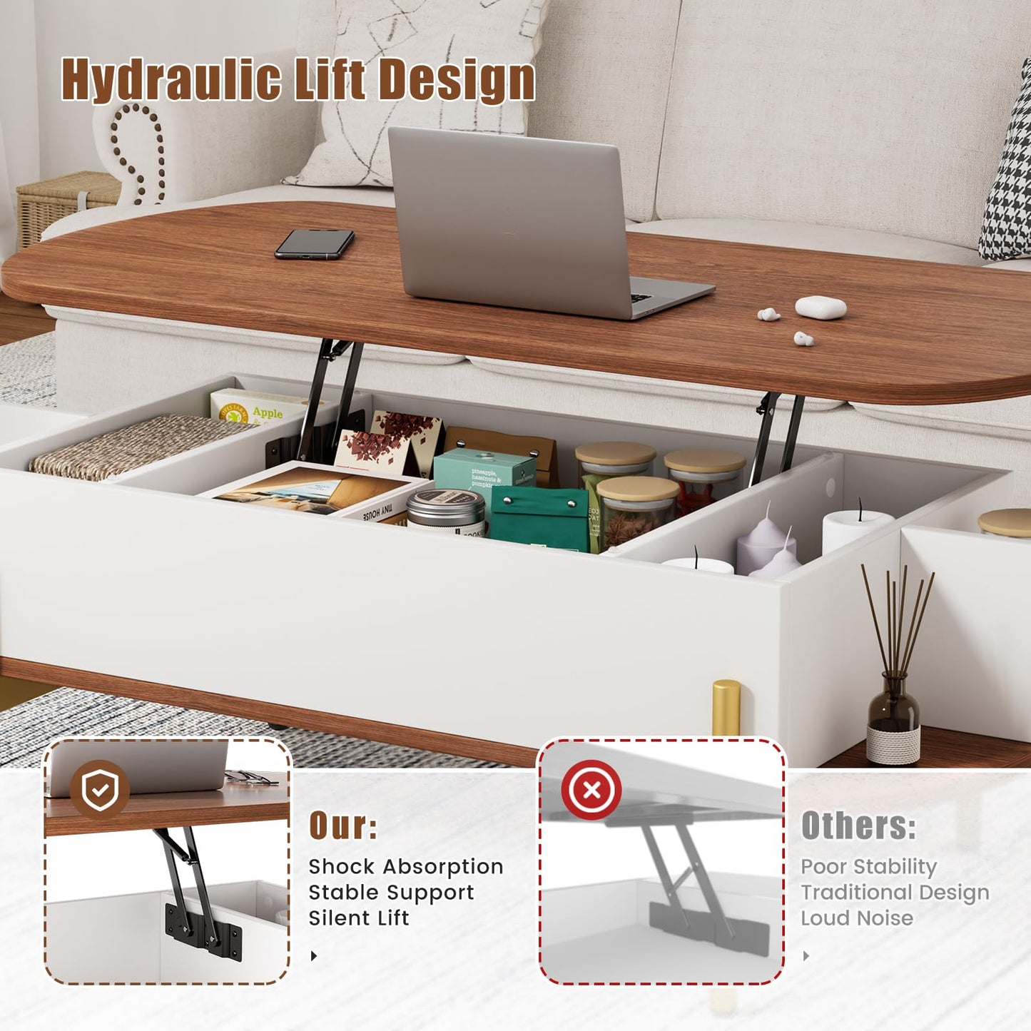 ALLSTAND 48" Oval Lift Top Coffee Table with Storage Metal Legs & Large Hidden Compartment, Coffee Tables with Lifting Top with Open Shelf, Lift Coffee Table with Wooden Lift Tabletop for Living Room