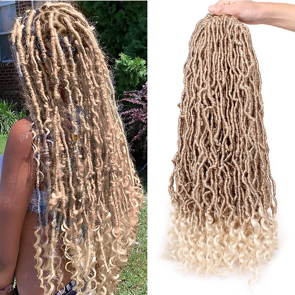 Leeven 24 Inch Goddess New Faux Locs Crochet Hair Ombre Blonde 2 Packs Long Soft Locs Crochet Braids Hair With Curly Ends Synthetic Bohemian Locs Braiding Hair for Women 12 Strands/Pack