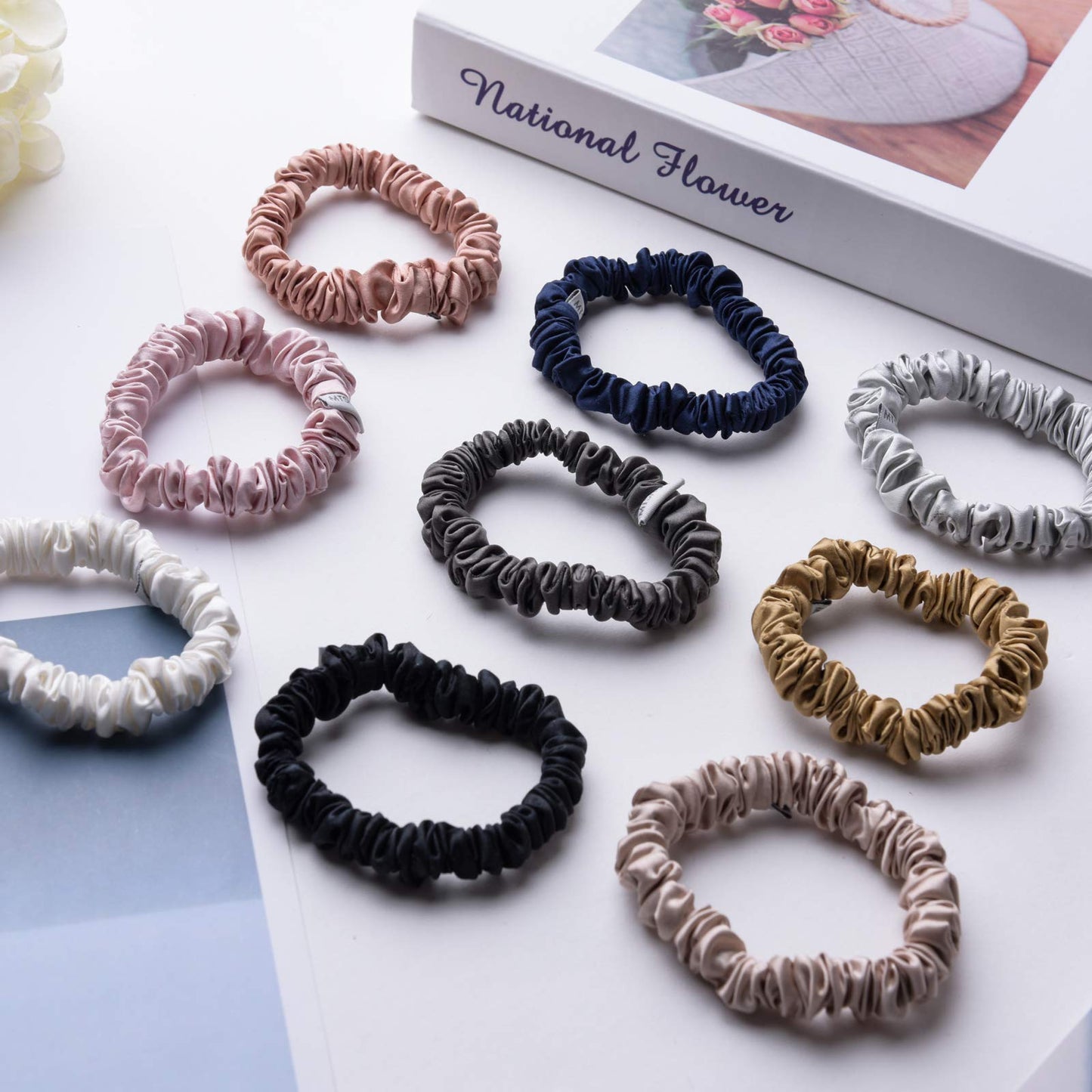 MTSNOO 100% Pure 22 Momme Mulberry Silk Scrunchies Set - 9 Pack Curly Hair Ties with Elastic Band for Women and Girls