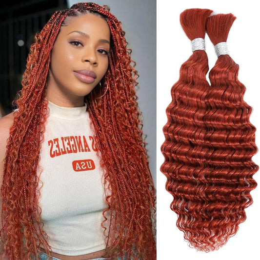 Deep Wave Bulk Human Braiding Hair for Boho Braids Ginger 100% Human Hair Unprocessed Brazilian Curly Human Hair for Human Hair Extensions 2 Braids Per of 1 pack 100g 24 Inch Human Hair