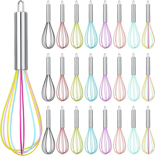 Domensi 24 Pcs 8 Inch Whisks Bulk for Cooking Silicone Whisks Non Scratch Stainless Steel Wisks Coated Metal Heat Resistant Egg Beaters for Mothers Day Party Favor Gift Supplies
