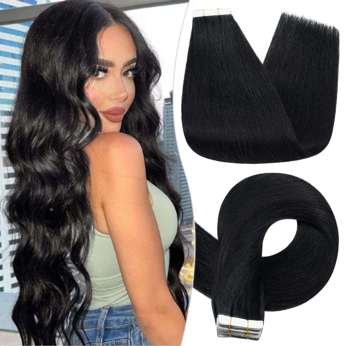 S-noilite Rooted Tape in Hair Extensions Human Hair Tape in Human Hair Seamless Skin Weft Invisible Double Sided Glue in hair for women Silky Straight 20Pcs 60g 22 Inch (#01 Jet Black)