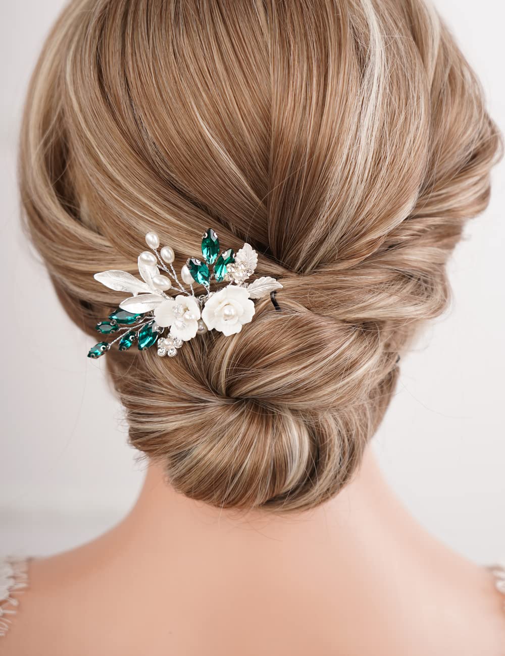 Missgrace Leaf & Flower Hair Comb, Wedding Crystal Rhinestones, Silver Green, for Brides Women