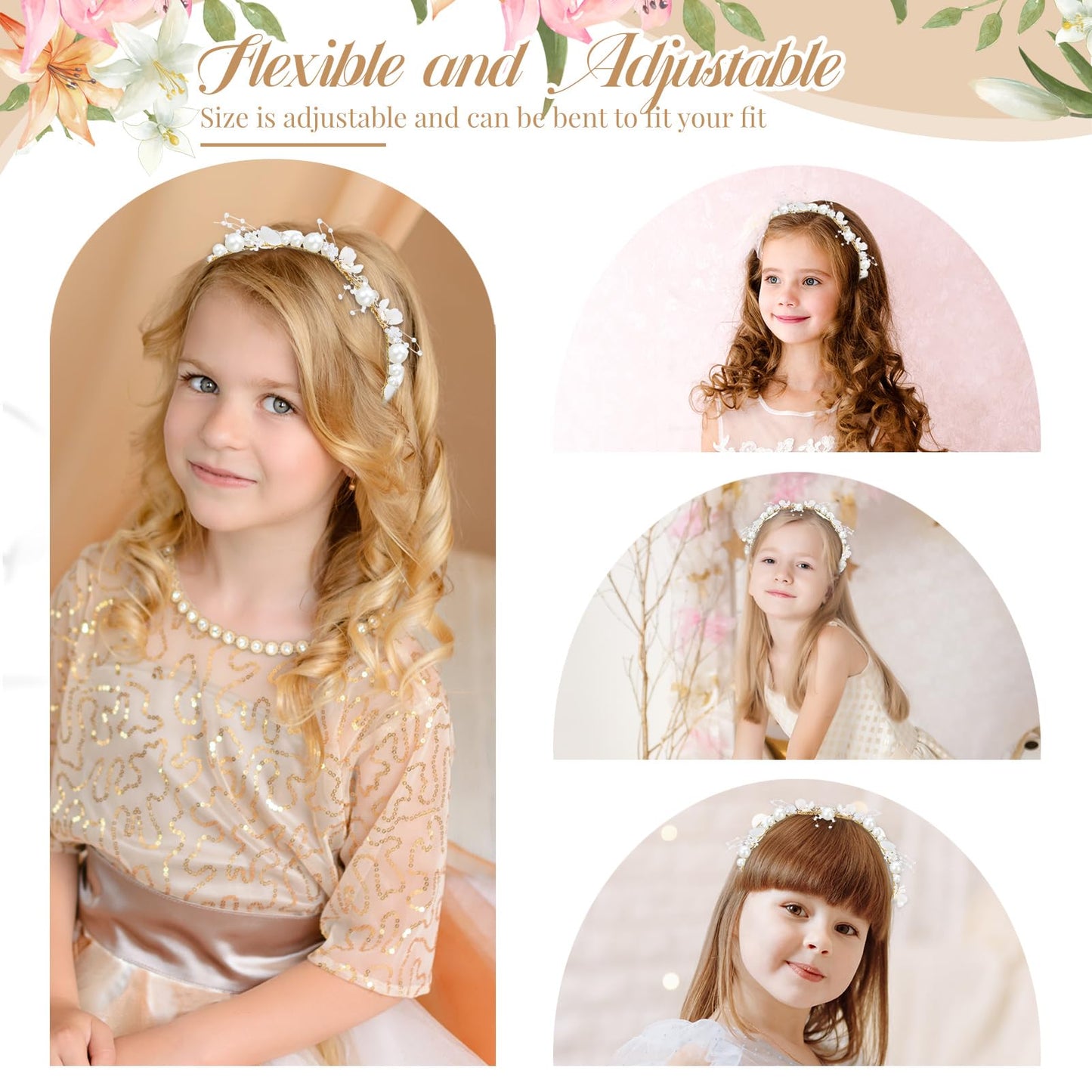 Hoemwarm 4 Pcs Flower Girl Crystal Pearl Headpiece,Gold Floral Girls Wedding Crown Hair Accessories Rhinestone Tiara Hair Pieces Headband for First Communion Accessories