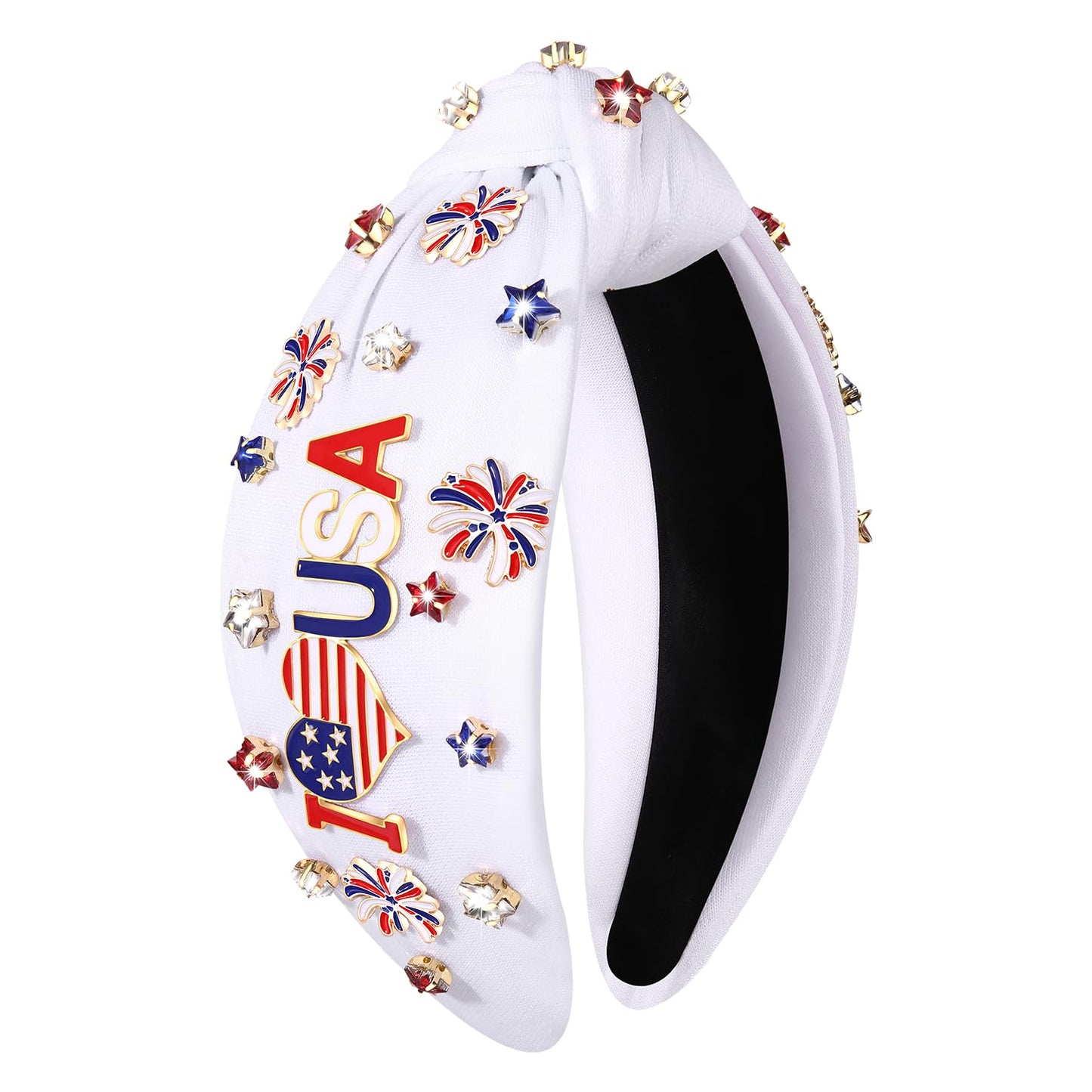 mokkia 4th of July Headband for Women American Flag Star Knotted Headbands Red White and Blue Rhinestone Crystal Top Knot Headbands Patriotic 4th of July Accessories Party Favors (Letter USA 4)