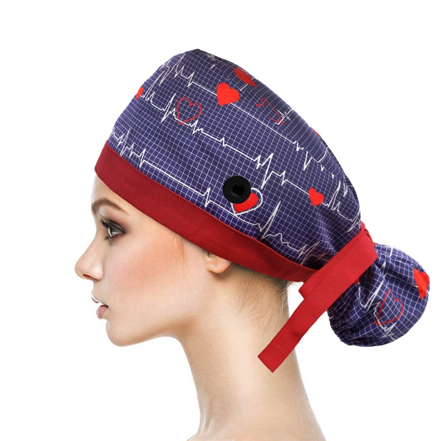 Hotme Working Cap with Buttons and Sweatband Adjustable Ribbon Tie Ponytail Hats for Women,Long Hair Head Covers Hair Caps