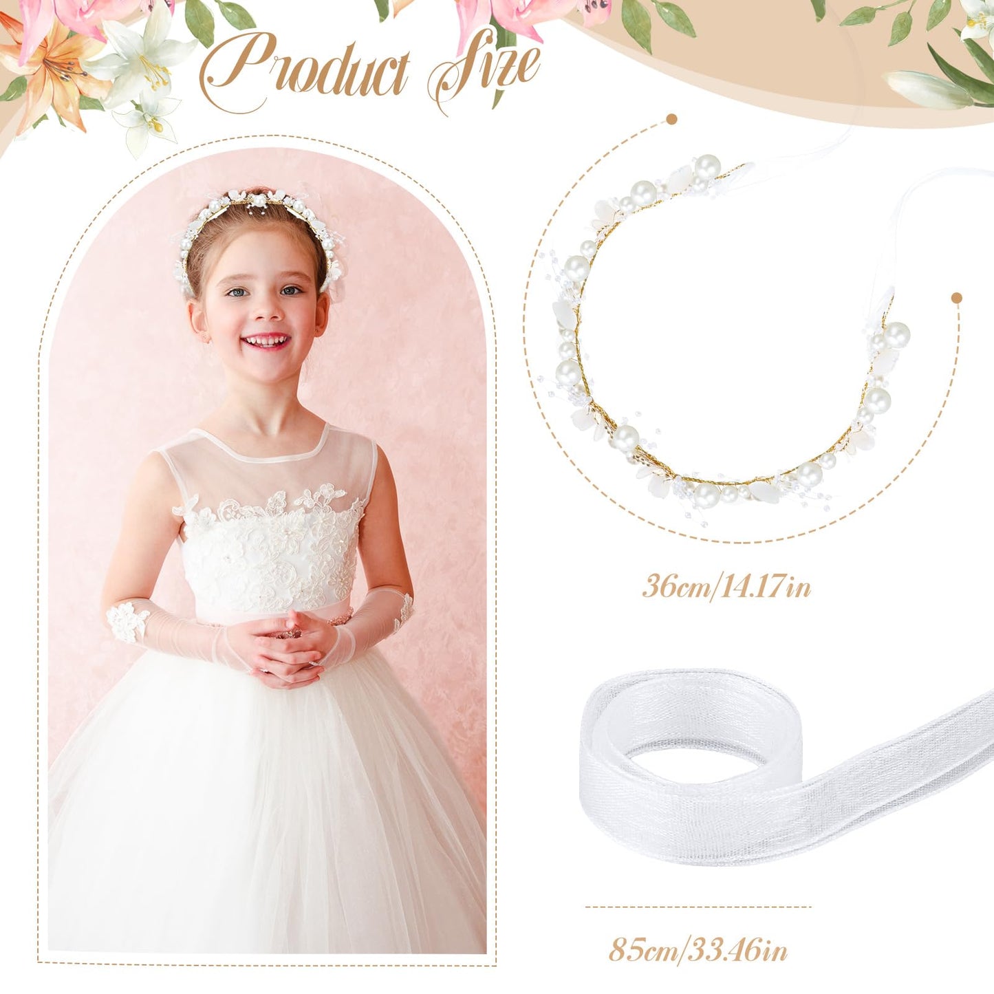 Hoemwarm 4 Pcs Flower Girl Crystal Pearl Headpiece,Gold Floral Girls Wedding Crown Hair Accessories Rhinestone Tiara Hair Pieces Headband for First Communion Accessories