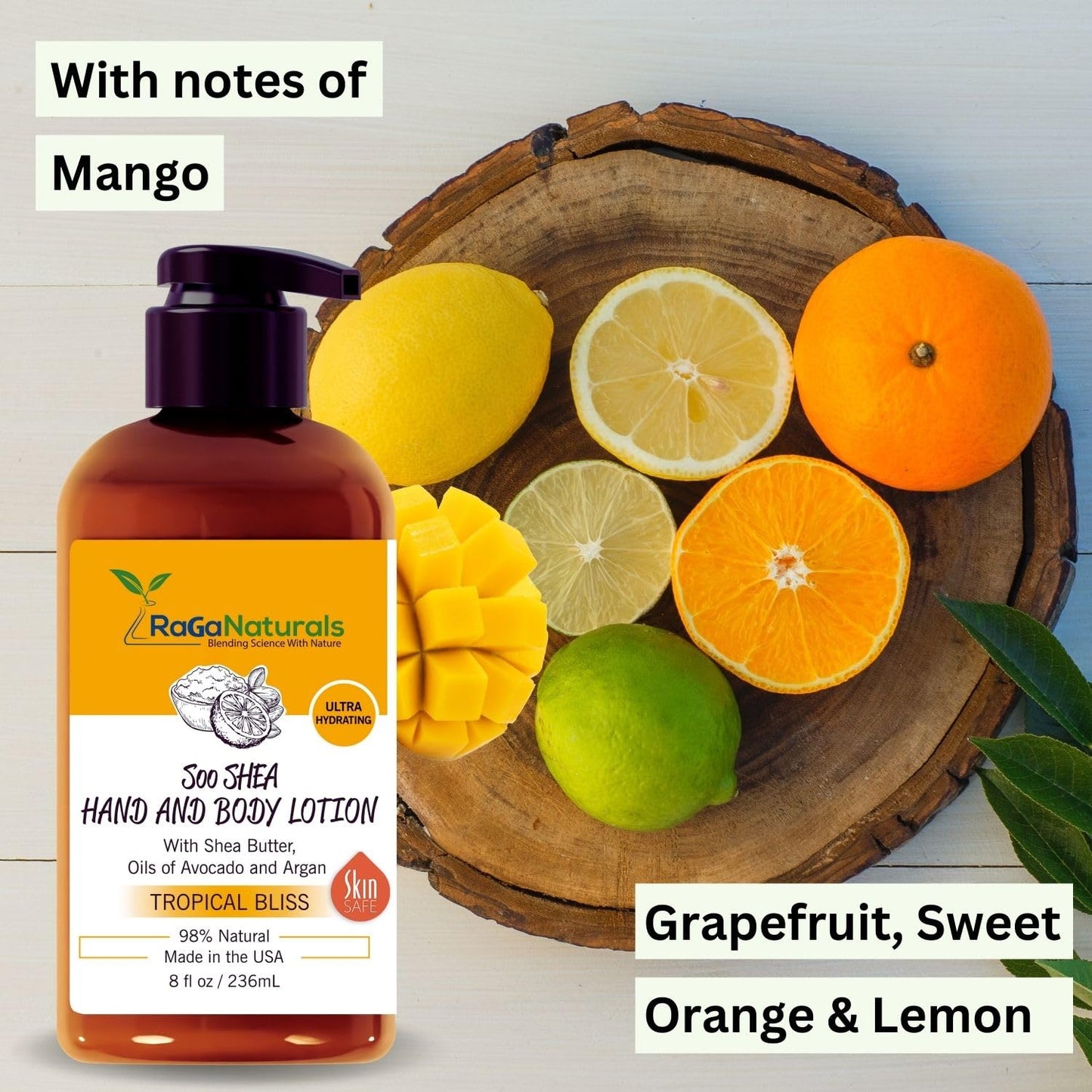 RaGaNaturals Mango Shea Butter Tropical Bliss Lotion with Argan, Vitamin E, and Avocado Oil - Refreshing, Hydrating and Nourishing 8 Fl Oz Moisturizer