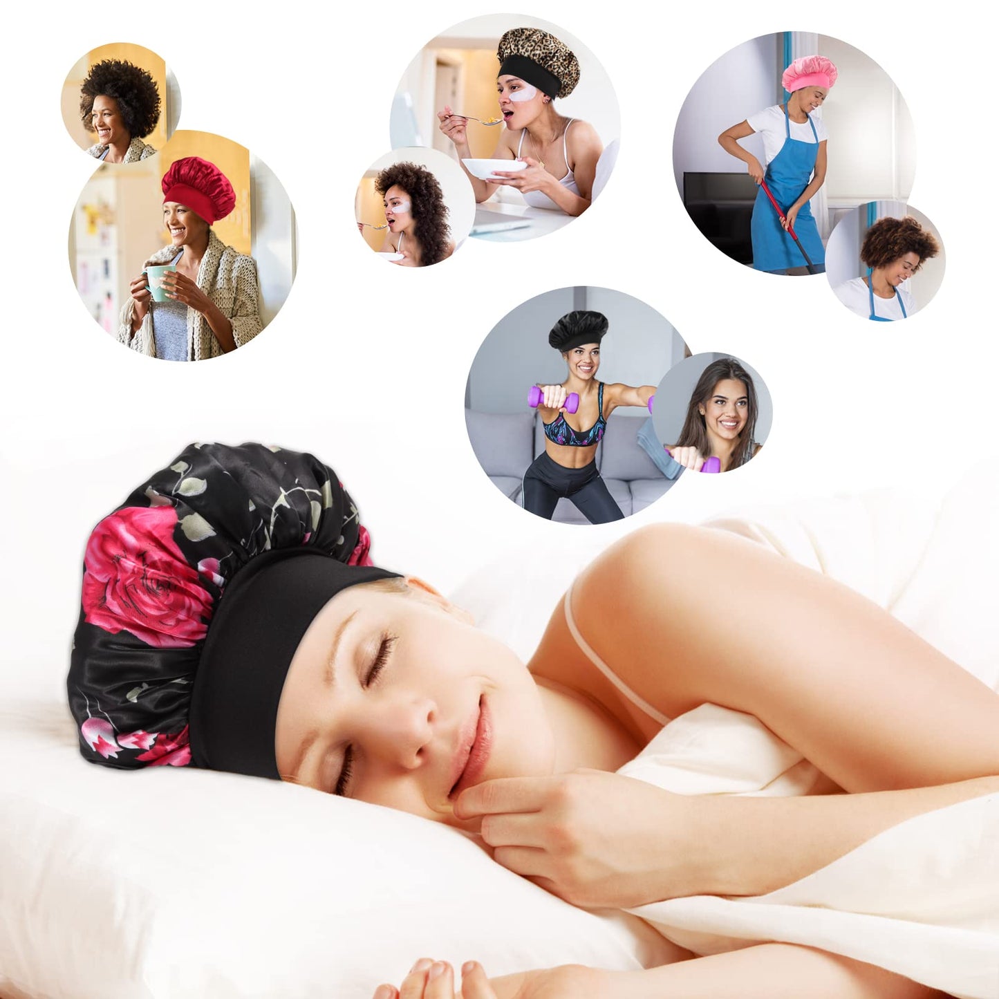 KEPUWAY 10 Pcs Bonnet for Sleeping, Superior Silky Satin Bonnet Hair with Elastic Wide Band for Women(Designed for Black Fans)