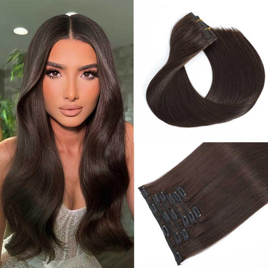 Clip in Hair Extensions Real Human Hair Straight 20 Inch 7pcs 120g Clip ins Hair Extensions Brazilian Remy Human Hair 16 Clips Double Weft Human Hair For Women (20 Inch, #2 Dark Brown)
