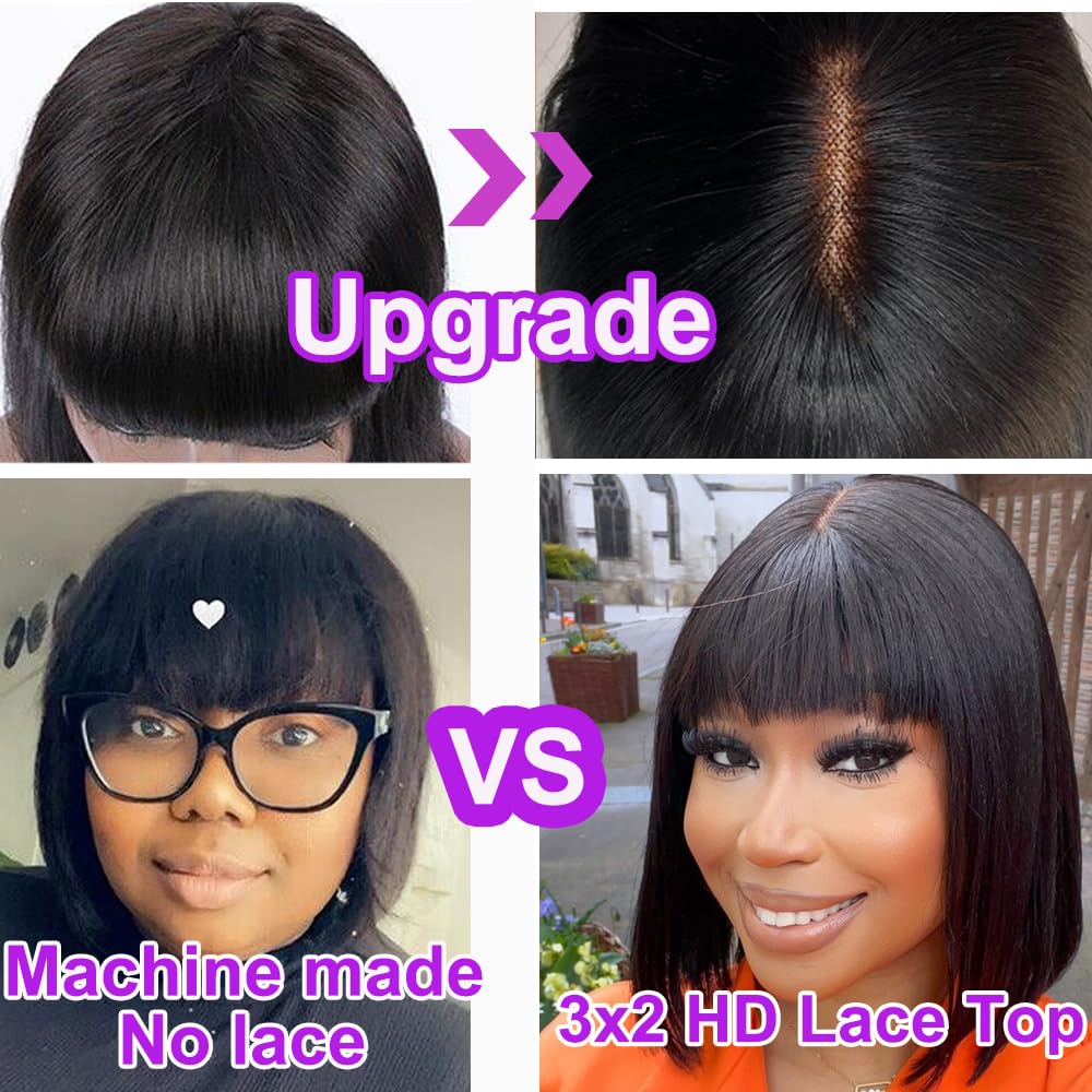 Natural Straight Bob Wig With Bangs Human Hair, Wear and Go 3X2 HD Lace Glueless Human Hair Bob Wigs With Bangs For Women 180% Density Medium Length Black Bob Wigs With Bangs (14 Inch, Natural Black)
