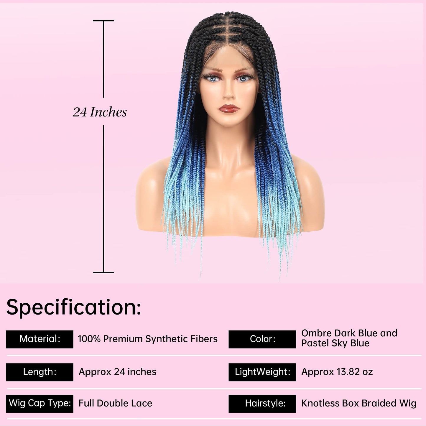 Kalyss 24" Lace Front Braided Wig Short Box Braid Wigs for Black Women Square Knotless Braided Wigs with Baby Hair Human Hair Blended Ombre Dark Blue and Pastel Sky Blue Braids Wig