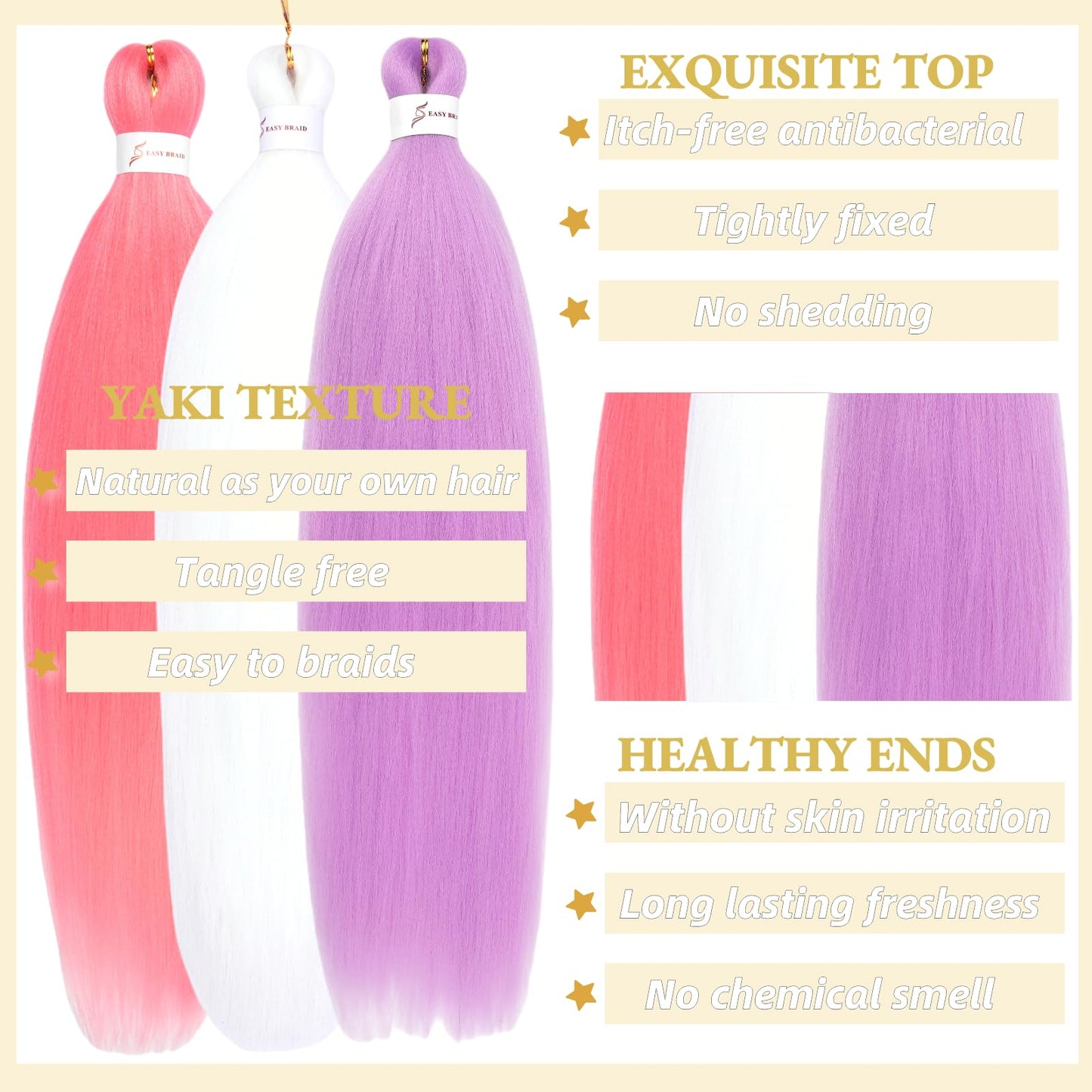 Menethe Hair Braiding Hair Pre Stretched 24 inch Colored Prestretched Braiding Hair Natural as Human Braiding Hair Extensions Crochet Hair Synthetic Crochet Braids(24Inch,Pink/White/Light Purple#).