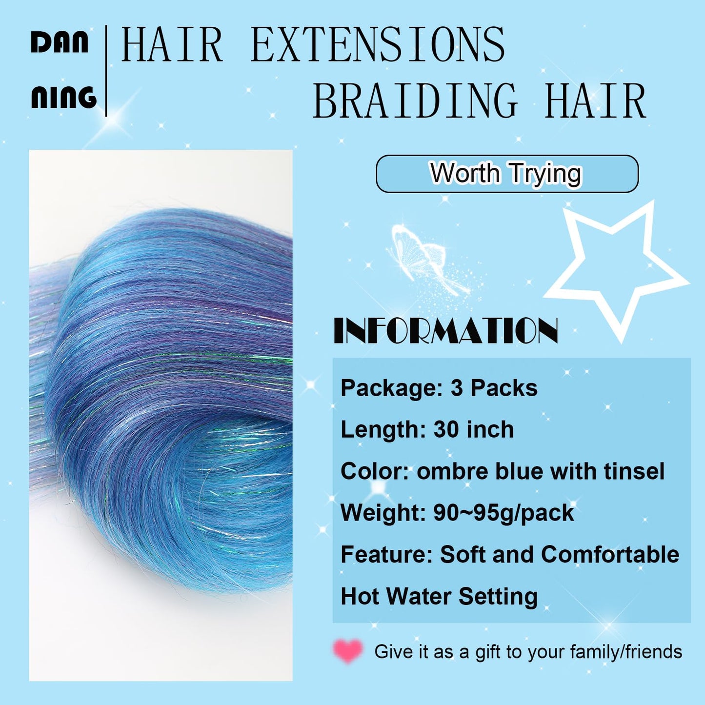 Glitter Ombre Lake Blue Purple Festival Pre Stretched Braiding Hair with Tinsel Shinny 30 Inch Yaki Texture Box Braid Hair Extensions 3 Packs Yaki Texture Easy to Use for Party