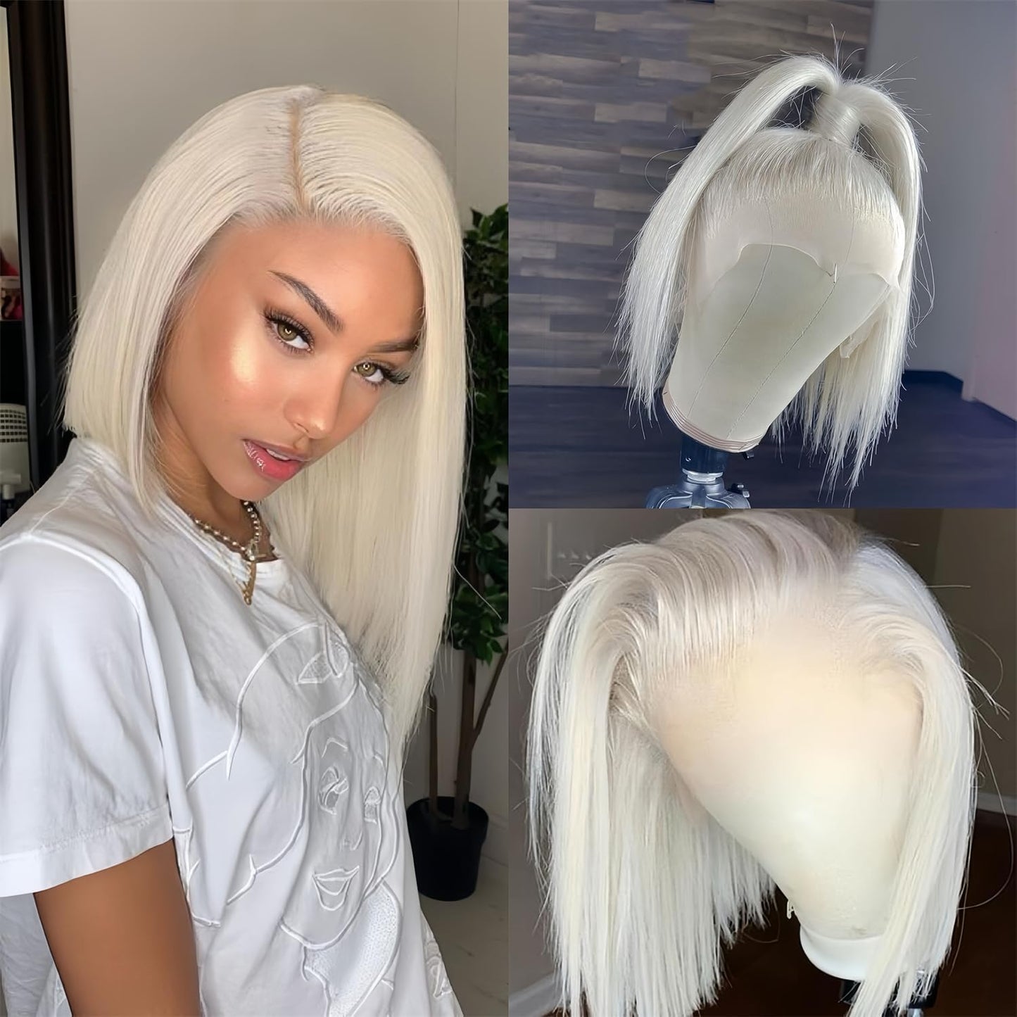Fashion Ash White 60# Short Bob Human Hair Wig Platinum Blonde Straight Lace Front Wigs Human Hair Pre Plucked With Baby Hair 180% Density 613 Bob Lace Frontal Wigs Human Hair for Women 10inch