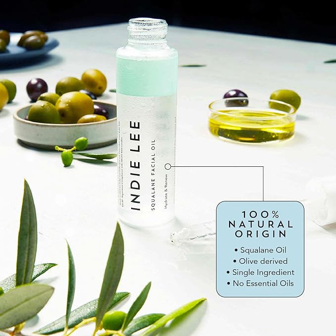Indie Lee 100% Squalane Oil - Daily Face Oil & Hydrating Moisturizer for Dry Skin, Fine Lines and Wrinkles - Even Skin Tone, Brighten & Improve Texture, 10ml