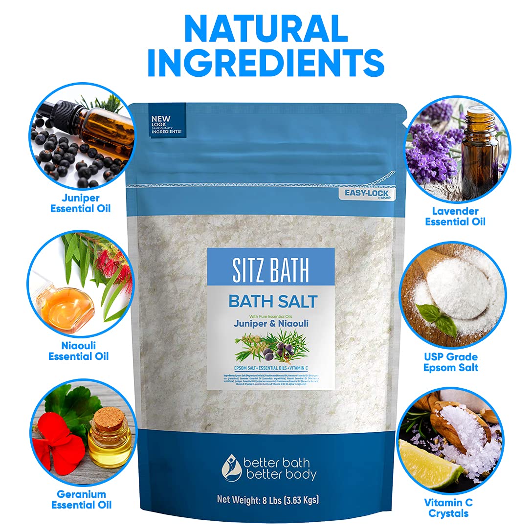Sitz Bath Soak 128 Ounces Sitz Salt Epsom Salt with Natural Geranium, Frankincense, Lavender, Niaouli Essential Oil Plus Vitamin C in BPA Free Pouch with Press-Lock Seal