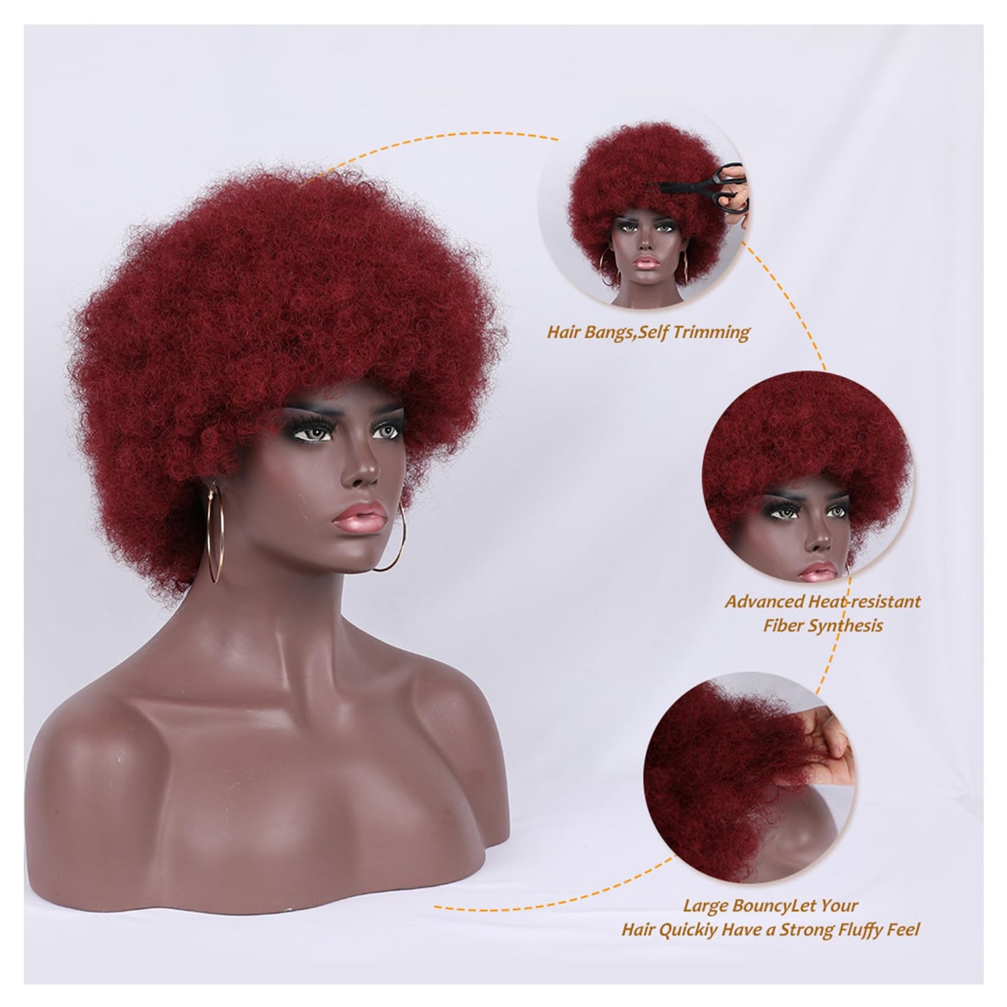 Kavsni Wig 70's Curly Wigs for Black Women Large Bouncy Fluffy and Soft Natural Looking Afro Kinky Wig 8 Inches (Red)