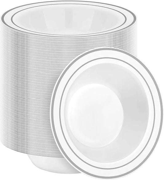 200 Pack Disposable Soup Bowls with Silver Rim, 12oz Premium Heavy Duty Plastic Dinner Bowls for Party, Wedding and Holiday