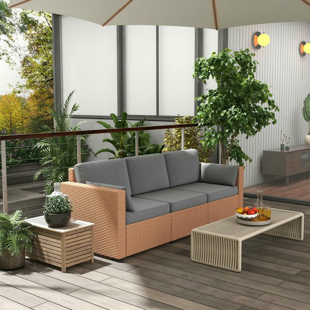 Barara King Patio Outdoor Sofa,Patio Couch PE Wicker Deep Seating Outdoor Sofa with Removable Cushions, 3 Seater Rattan Sofa, Sand