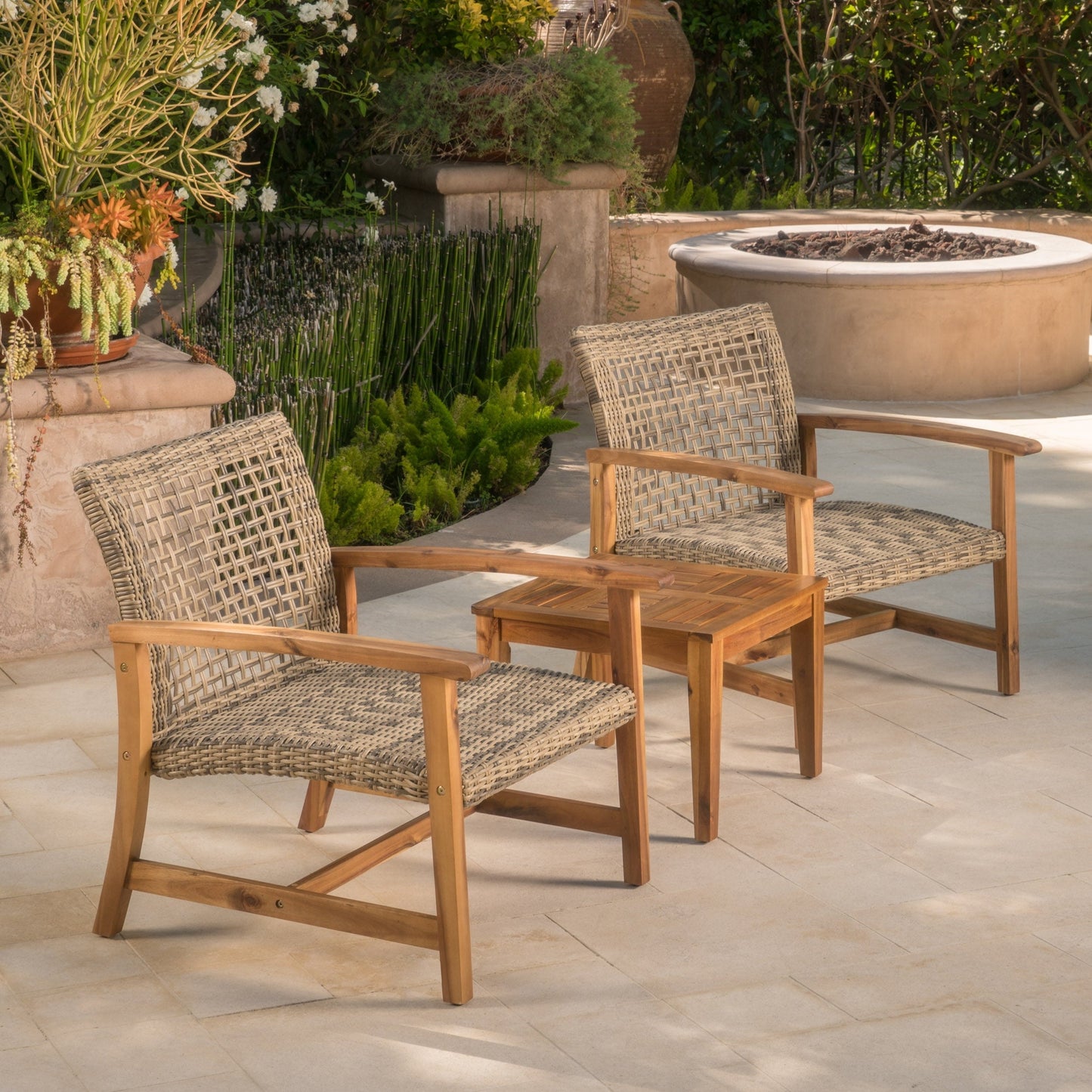 Outdoor Club Chair Set of 2, Outdoor PE Wicker Chair with Wicker Seat & Backrest, Wood Patio Club Chairs for Garden Lawn Backyard