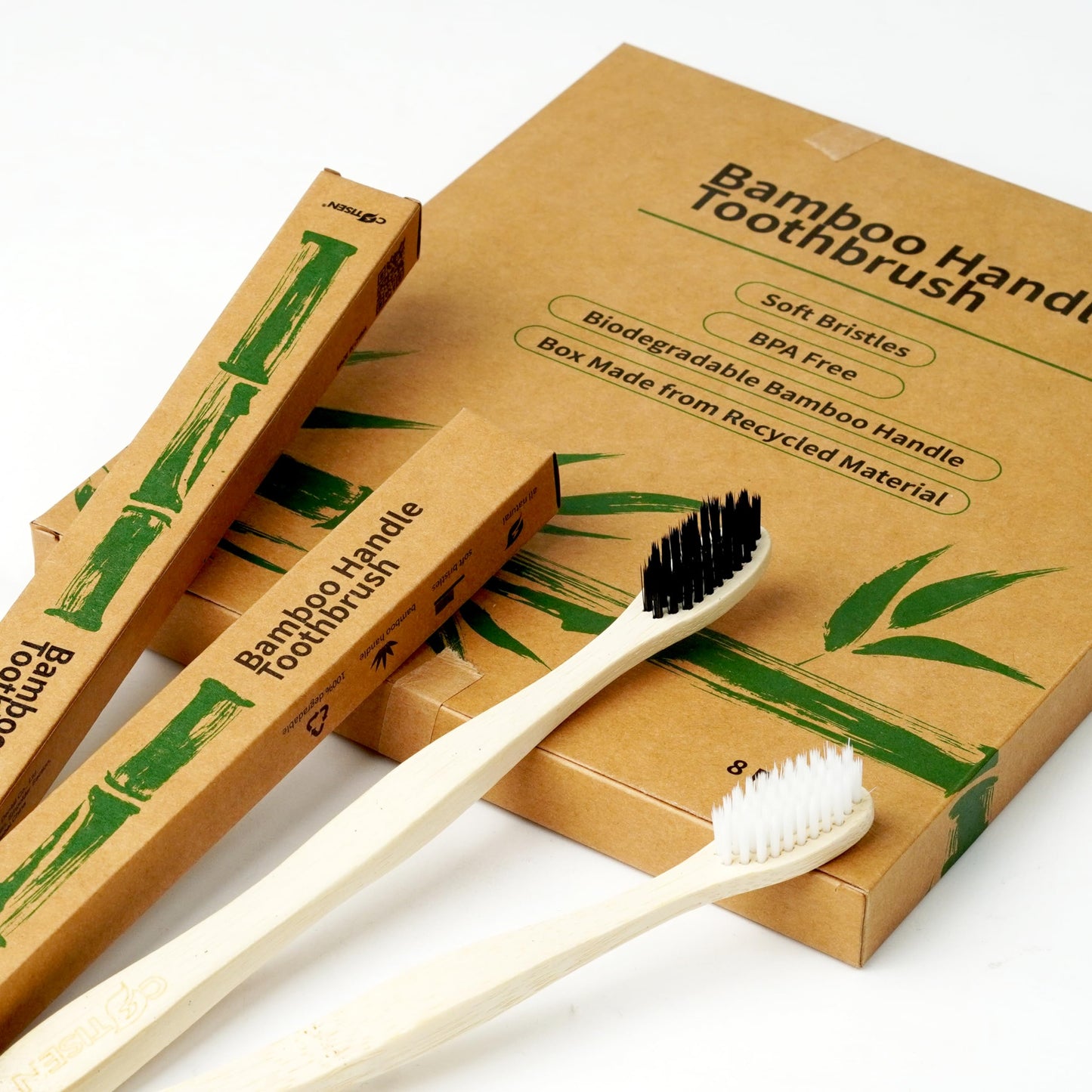 COTISEN Biodegradable Natural Bamboo Toothbrush, Eco-Friendly & Sustainable Soft Bristles, Organic Compostable Handle, 8 Pcs, Black & White