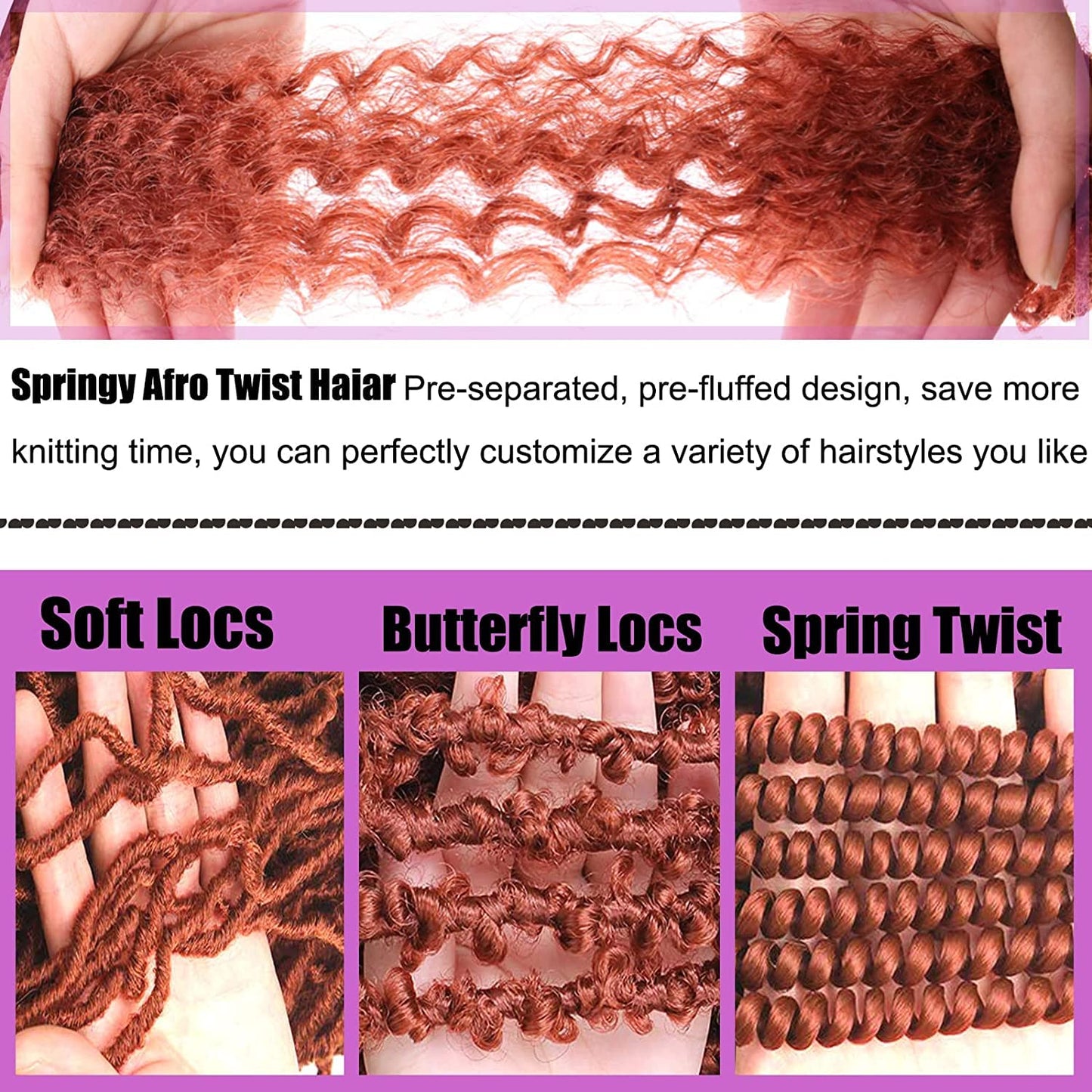 ZRQ 24 Inch Pre Separated Springy Afro Twist Hair 8 Packs Marley Twist Braiding Hair for Faux Locs Crochet Hair Synthetic Protective Spring Twist Hair Extensions for Black Women (49#)