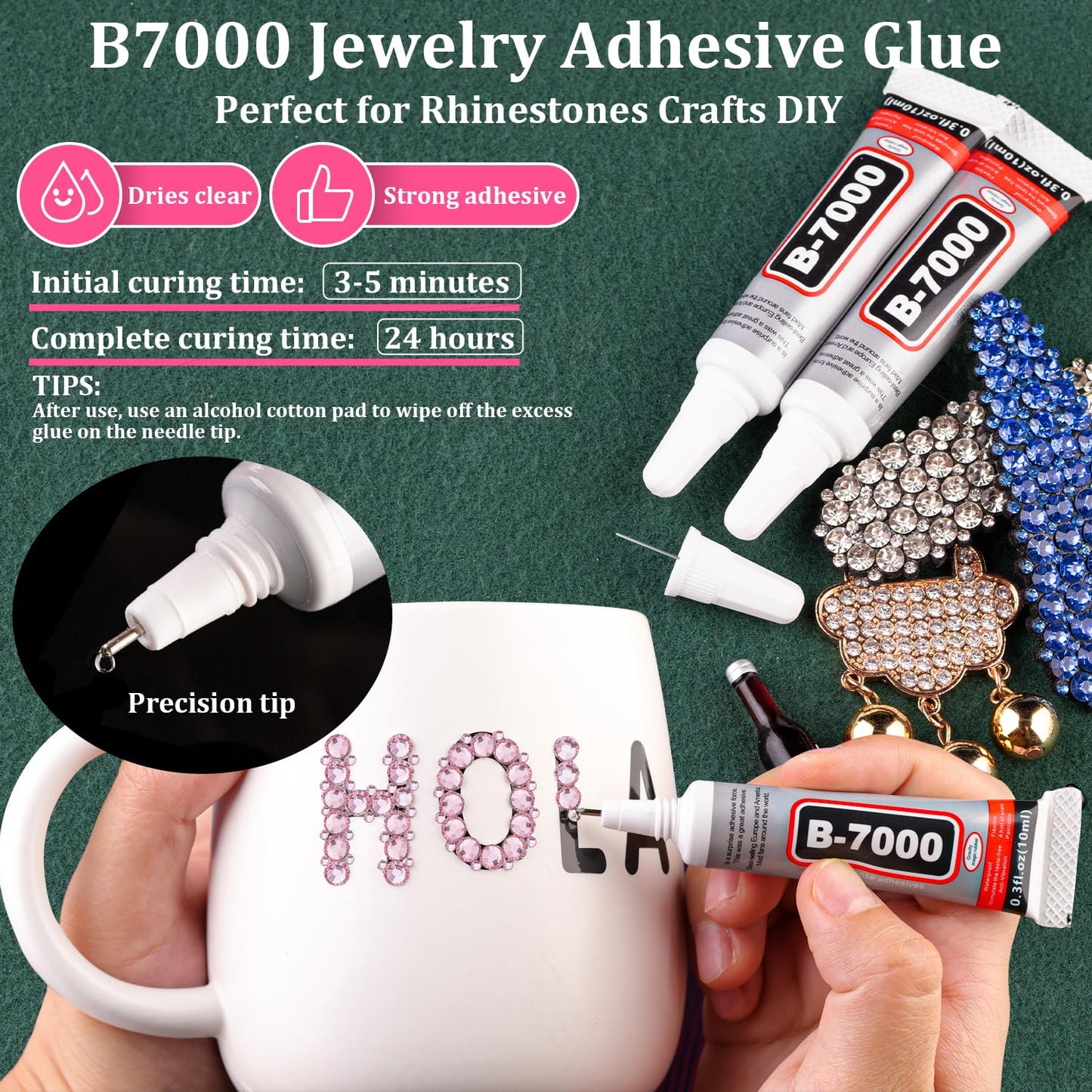 Resin Rhinestones for Crafting 1 Box Light Pink Flatback Crystals with 3 Pcs 10ml B7000 Jewelry Glue, Non-Hotfix Gems for Bedazzling, DIY Nail Art Makeup, Clothing & Shoes Decor