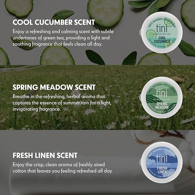 Tini Naturals Deodorant, Travel Size Aluminum Free Deodorant for Women & Men with Coconut Oil and Shea Butter, 0.4 oz Each (12 Pack), Spring Meadow Scent