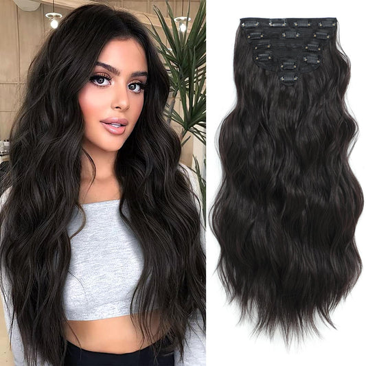 Clip in Hair Extensions for Women, 6PCS Long Wavy Curly Clip on Hair Extensions 20 Inch Synthetic Thick Hairpieces (Dark Brown, 20 Inch)