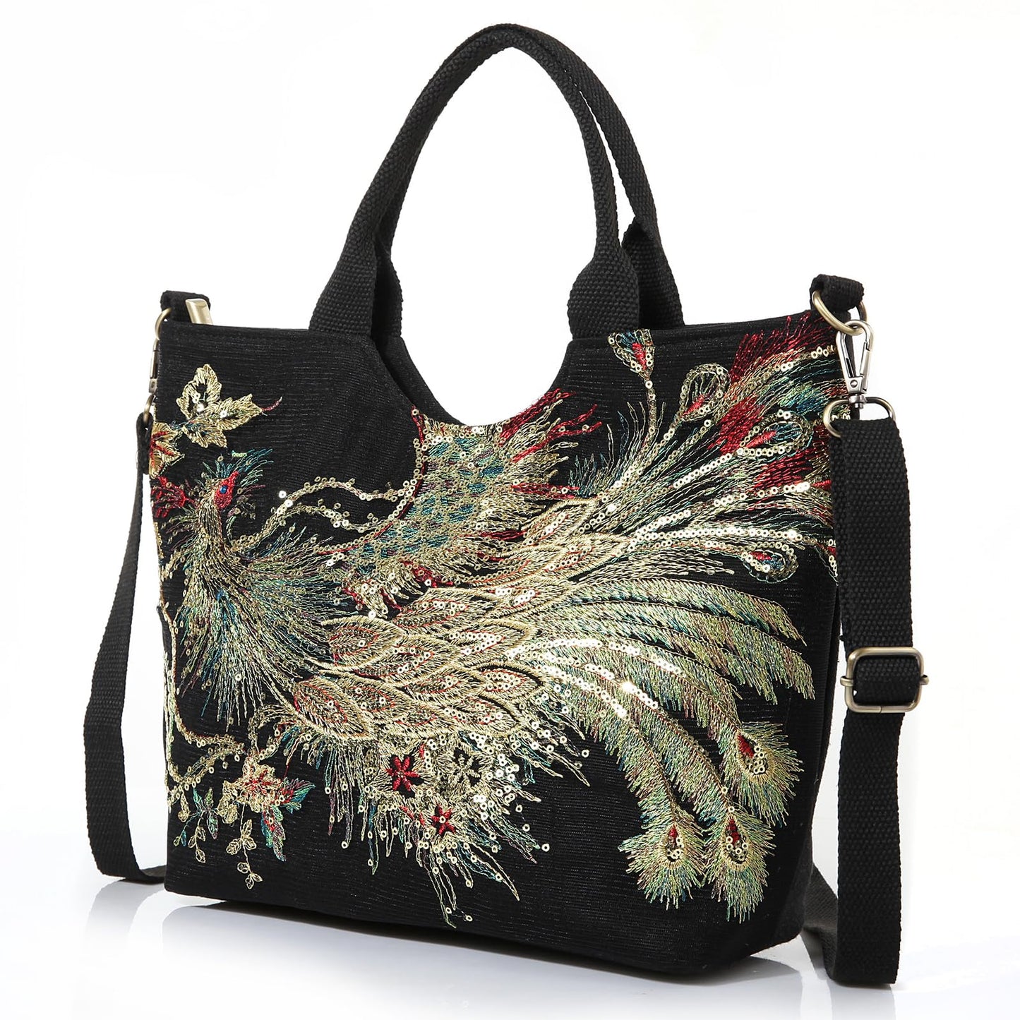 Jursccu Small Tote Handbag Sequins Embroidery Crossbody Bags for Women Casual Shoulder Bags (Black)