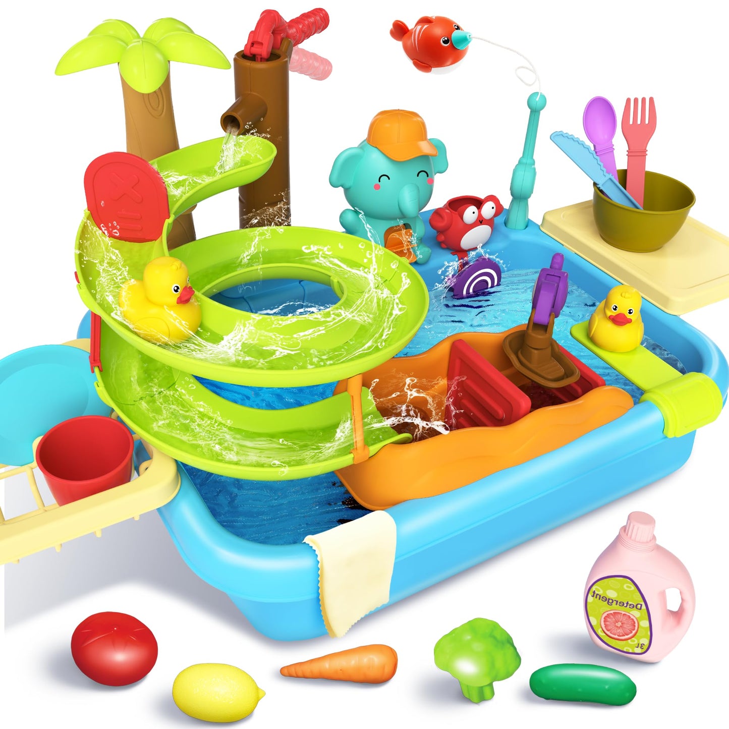Play Sink with Running Water, 4-in-1 Water Table Toy with Slide Track, Magnetic Fishing Game Floating Toys for Water Play for Kids Toddlers 1-3 3-8 (Pink)