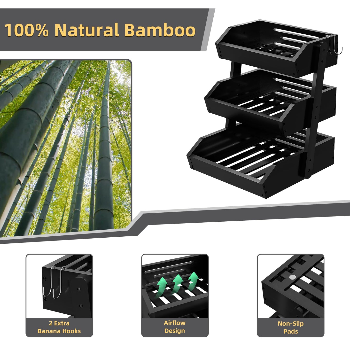 Bamboo 3 Tier Fruit Basket For Counter With Two Banana Hook, Fruit And Vegetables Basket, Large Capacity Wood Fruit Bowls, Fruit Organizer For Kitchen Counter, Onion Storage, Bread Pantry (Black)