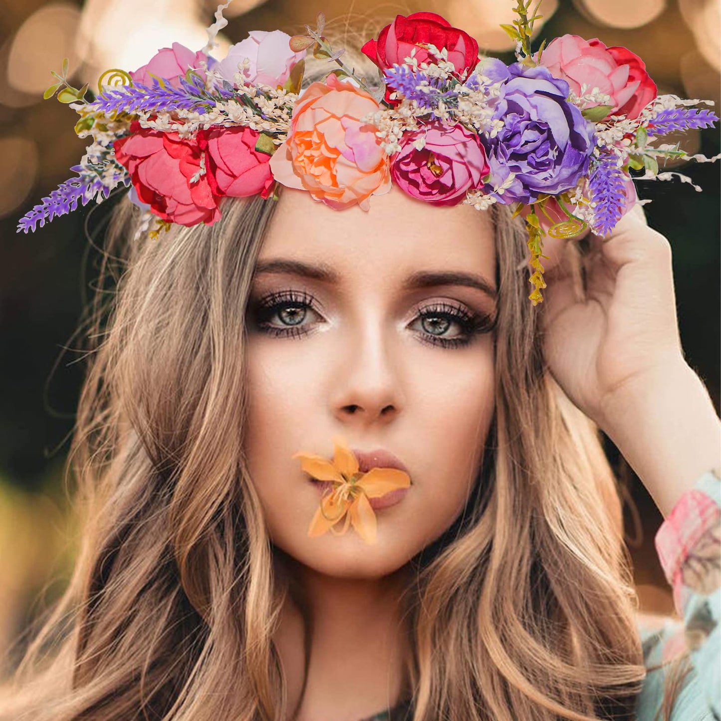Eralove Floral Headband for Party women Flower Crown Bridal Hair Wreath Wedding Photo Festivals Props Headpiece (Purple)