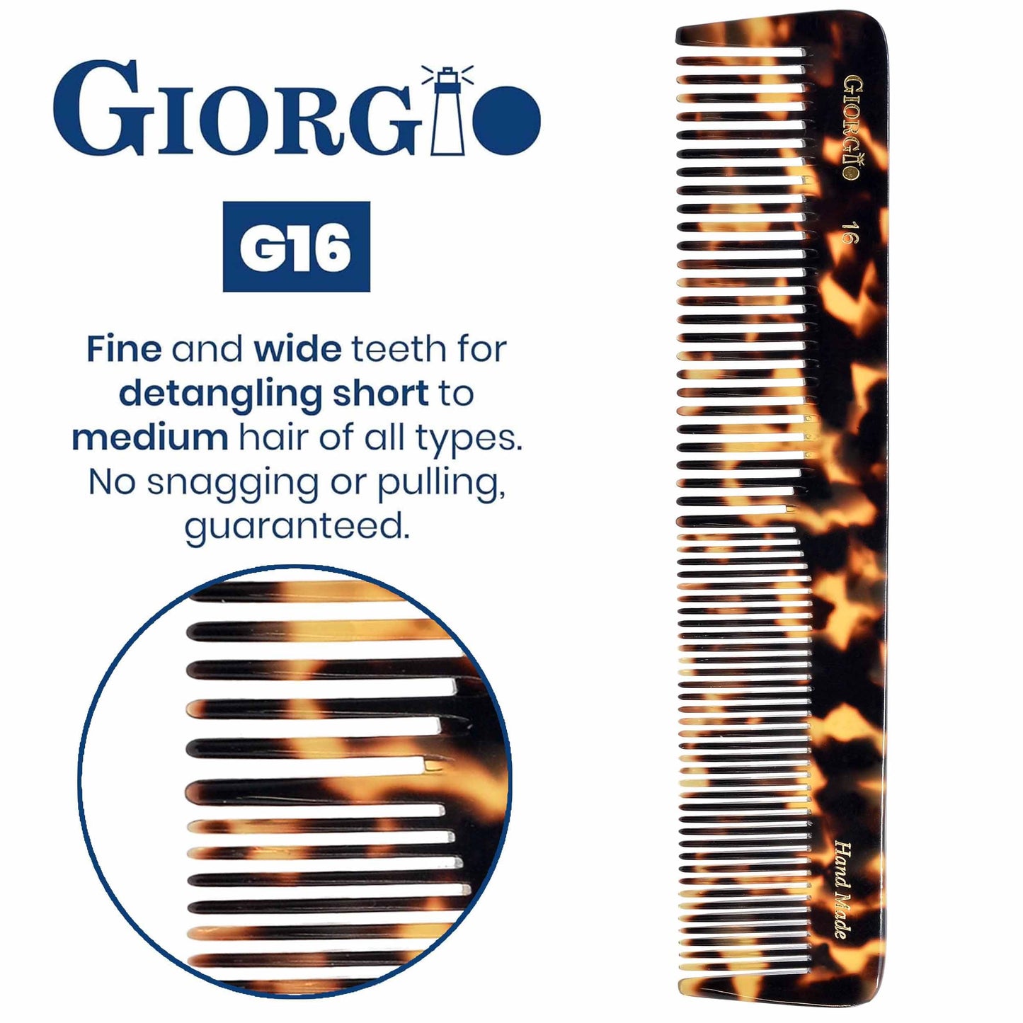 Giorgio G16 Fine Tooth Comb and Wide Tooth Comb Detangler Handmade Hair Comb, Mens Hair Comb for Men and Detangler Comb for Women, Hair Styling Barber Comb and Detangling Comb