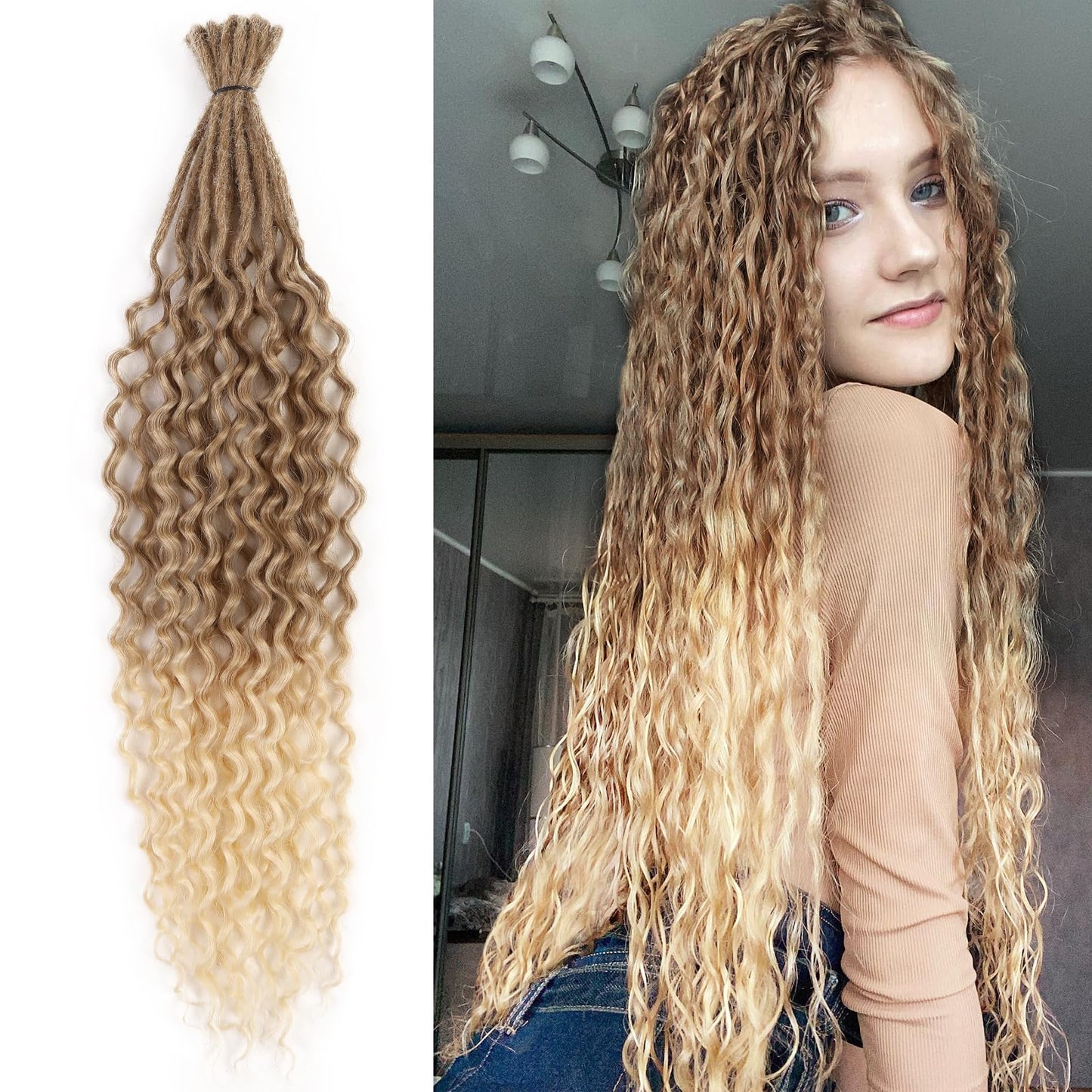 HANNE Double Ended Curly Dreadlock Extensions for Black Women and Men 24 Inch 10 Strands Ombre Blonde Curly Synthetic Wavy Dreadlock Extensions (24 inch, MT27/613)