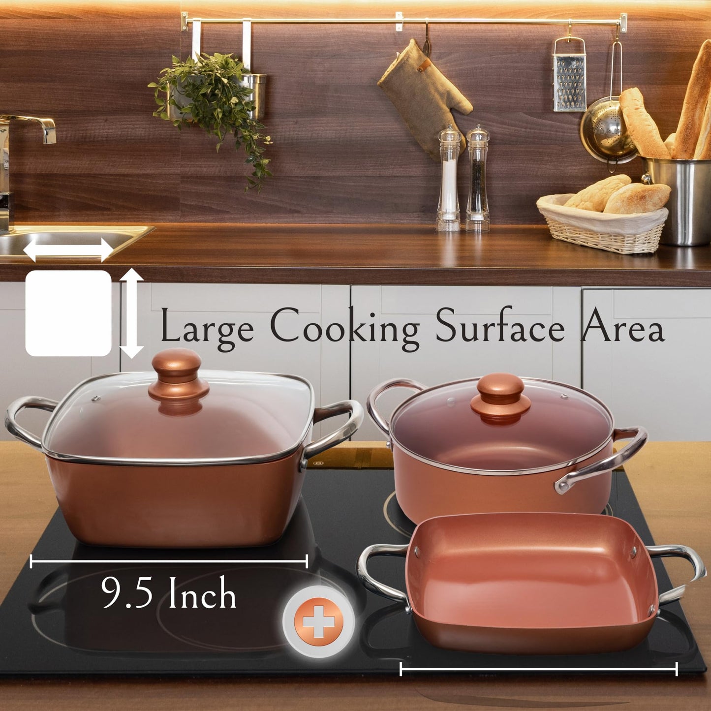 Moss & Stone 7 Pcs Copper Pots And Pans Set, Copper Chef Cookware Non Stick, Square Copper Pans for Cooking, Round Copper Pot & Fry Basket, Oven Safe 5 Quart Deep Frying Pan, Induction Cookware Set