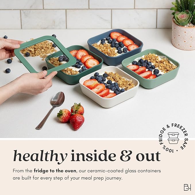 Ceramic Coated Glass Food Storage Container | No PTFE, PFOA, PFAS, and BPA | Reusable Non Toxic Meal Prep Container with Glass Lid | Easy To Store | 6 Piece Food Prep [Pine]
